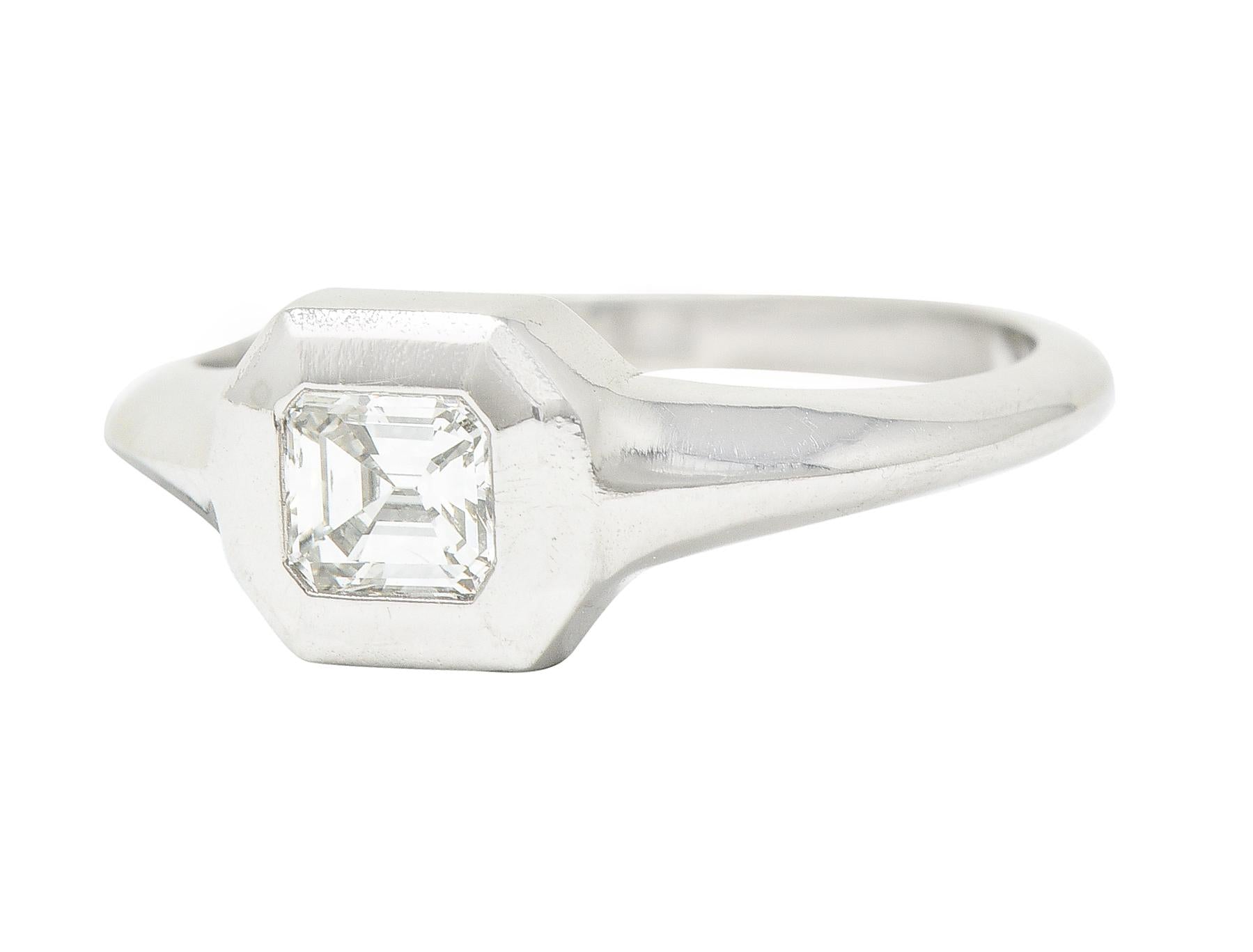 Emerald Cut Diamond Platinum Flush Set Solitaire Unisex Engagement Ring