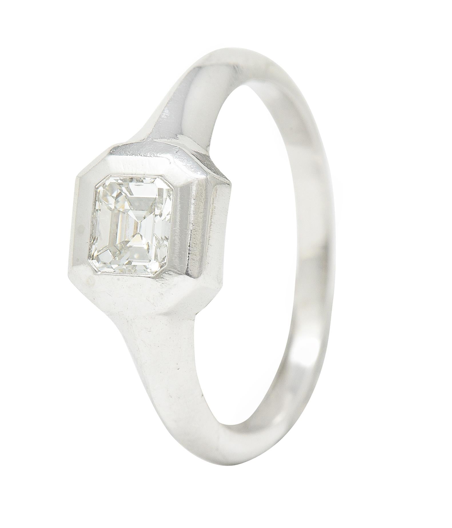 Emerald Cut Diamond Platinum Flush Set Solitaire Unisex Engagement Ring