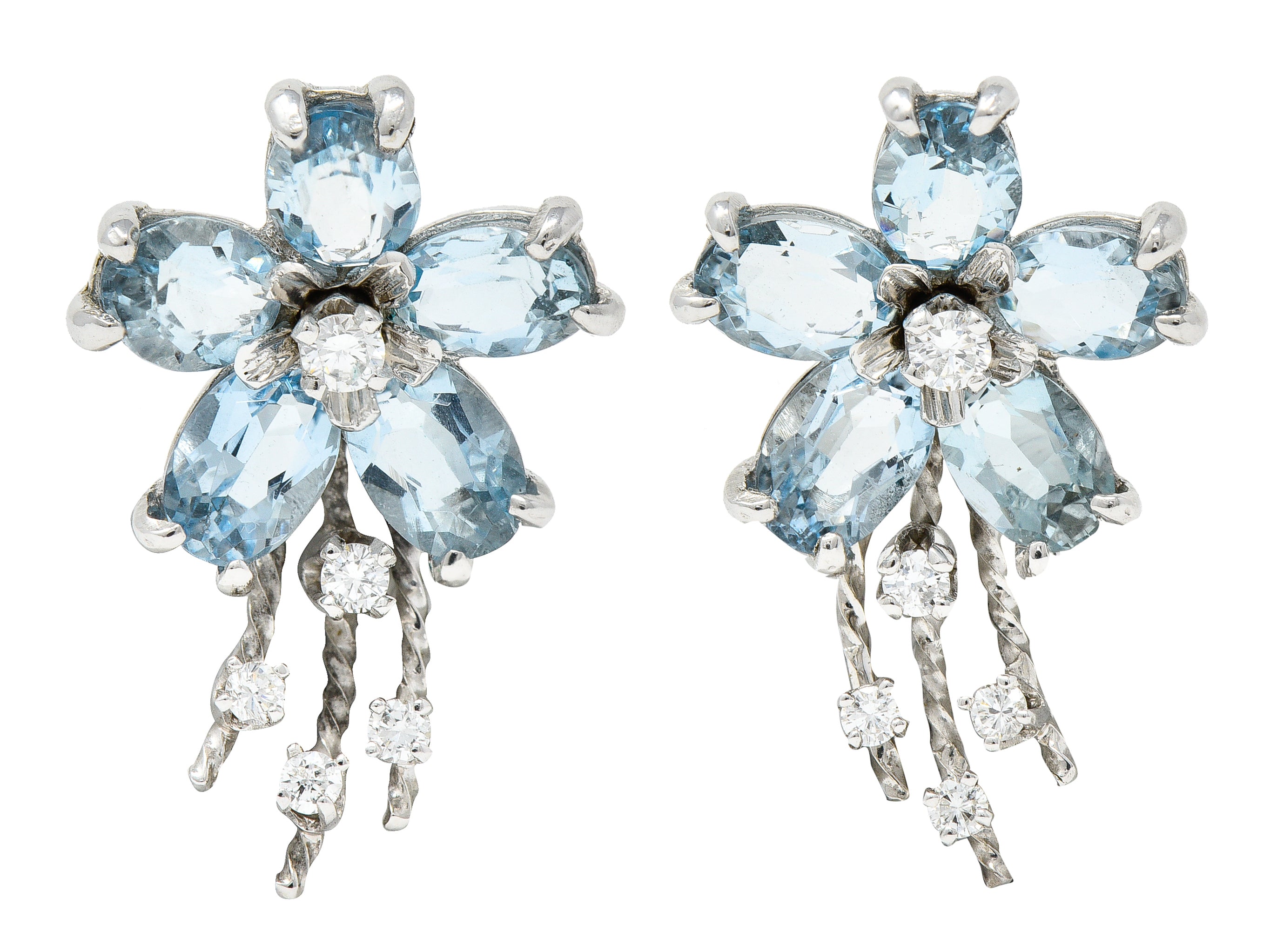 Mid-Century 3.42 CTW Aquamarine Diamond 14 Karat White Gold Floral Spray Vintage Earrings Wilson's Estate Jewelry