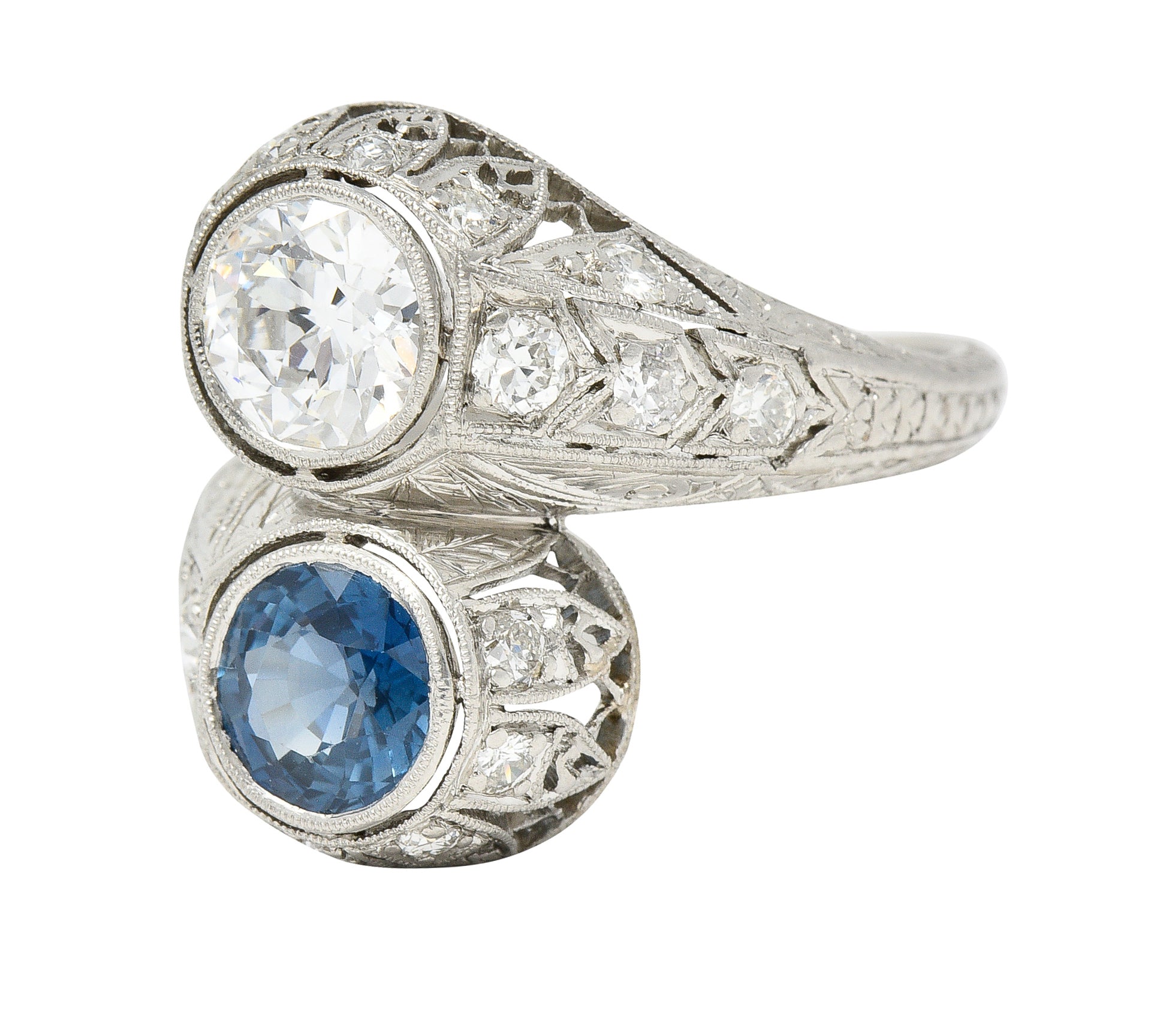 Art Deco 2.28 CTW Old European Cut Diamond Sapphire Platinum Toi Et Moi Wheat Vintage Bypass Ring Wilson's Estate Jewelry