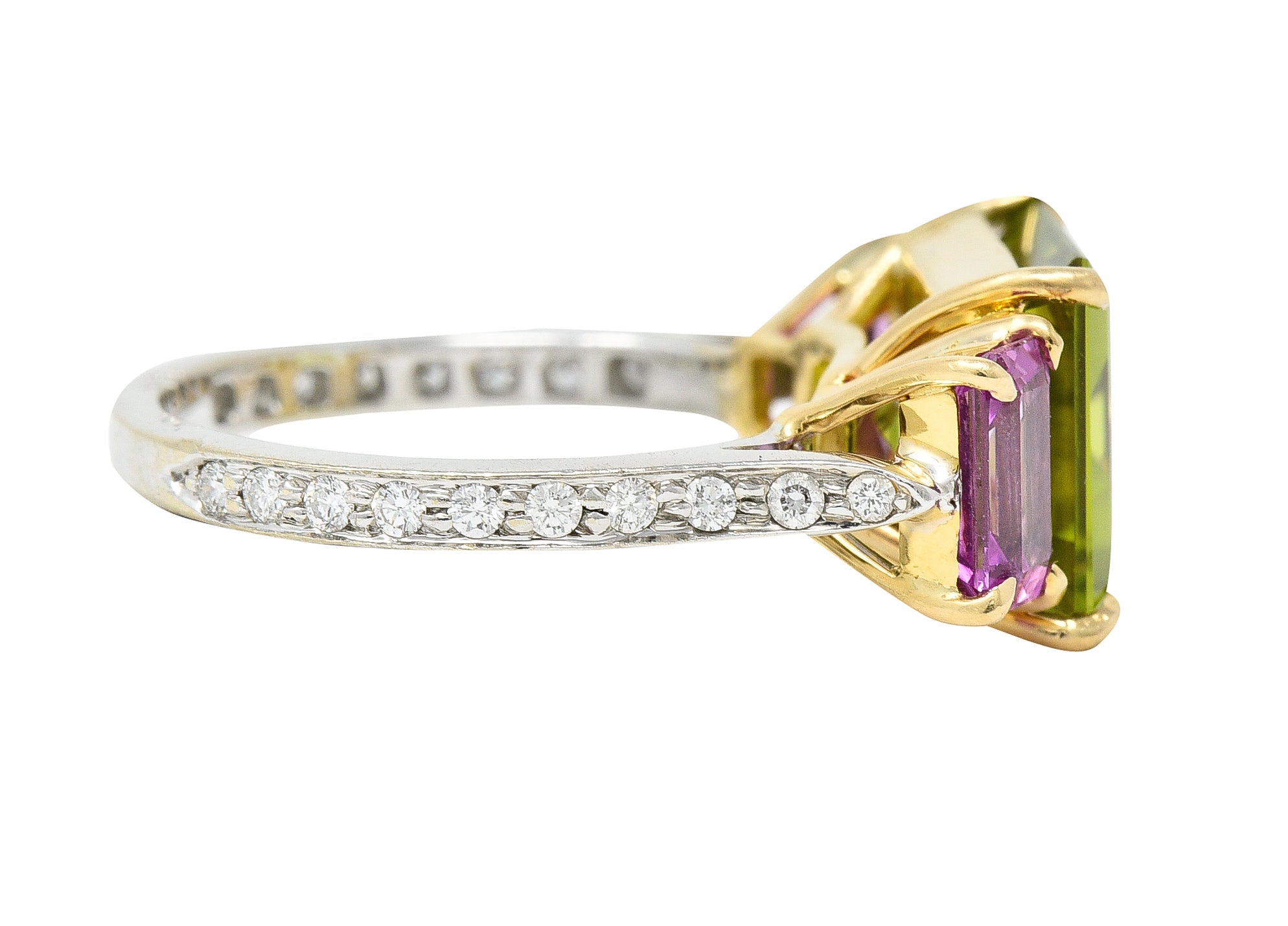 Paolo Costaglio Contemporary 10.45 CTW Diamond Peridot Pink Sapphire 18 Karat Two-Tone Gold Three Stone Florentine Ring Wilson's Estate Jewelry