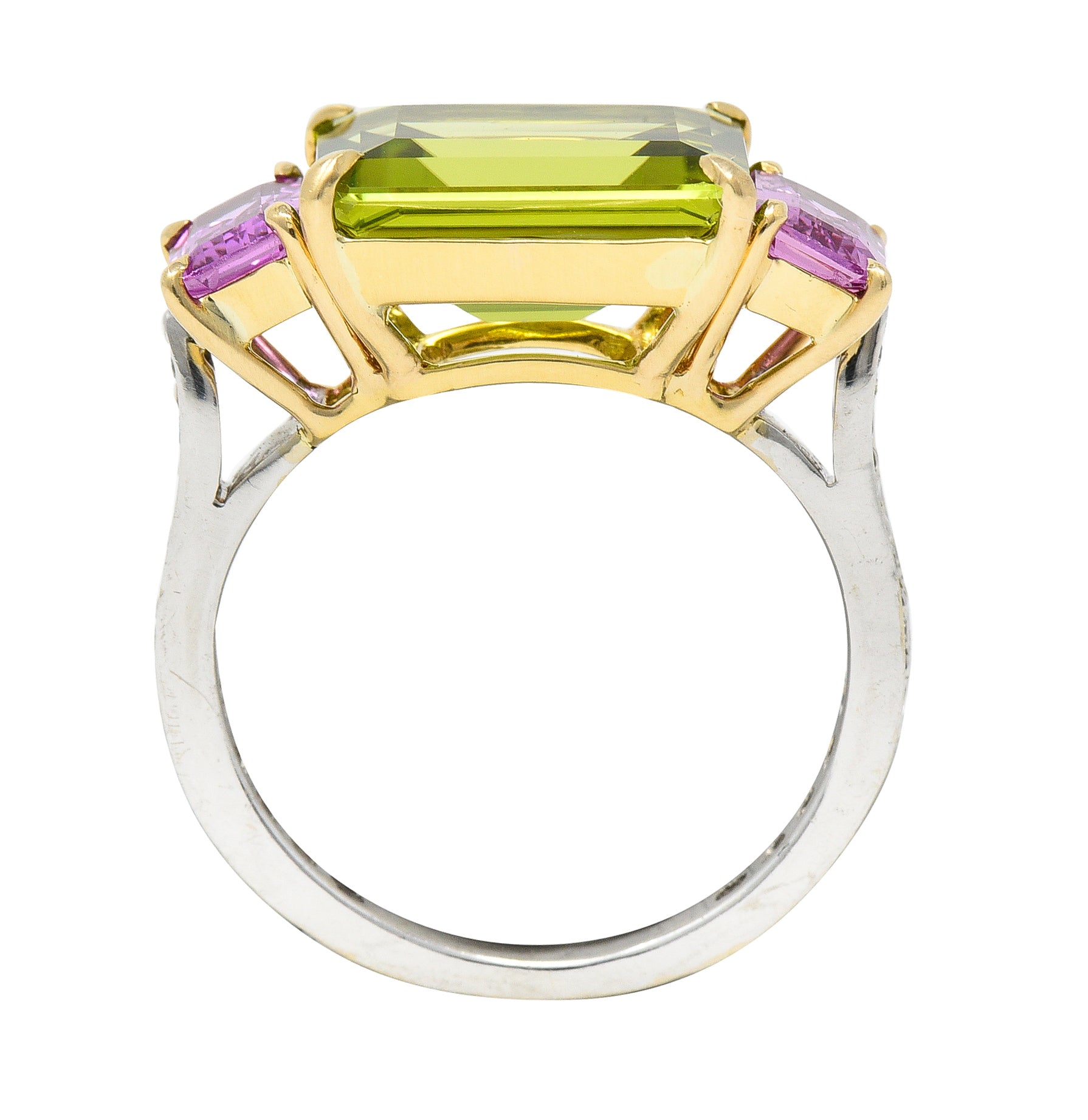 Paolo Costaglio Contemporary 10.45 CTW Diamond Peridot Pink Sapphire 18 Karat Two-Tone Gold Three Stone Florentine Ring Wilson's Estate Jewelry