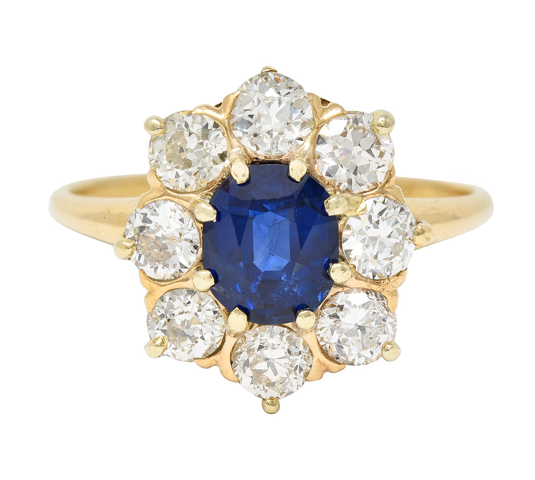 Victorian 2.64 CTW Oval Cut No Heat Sapphire Old European Cut Diamond 14 Karat Yellow Gold Antique Cluster Ring GIA Wilson's Estate Jewelry