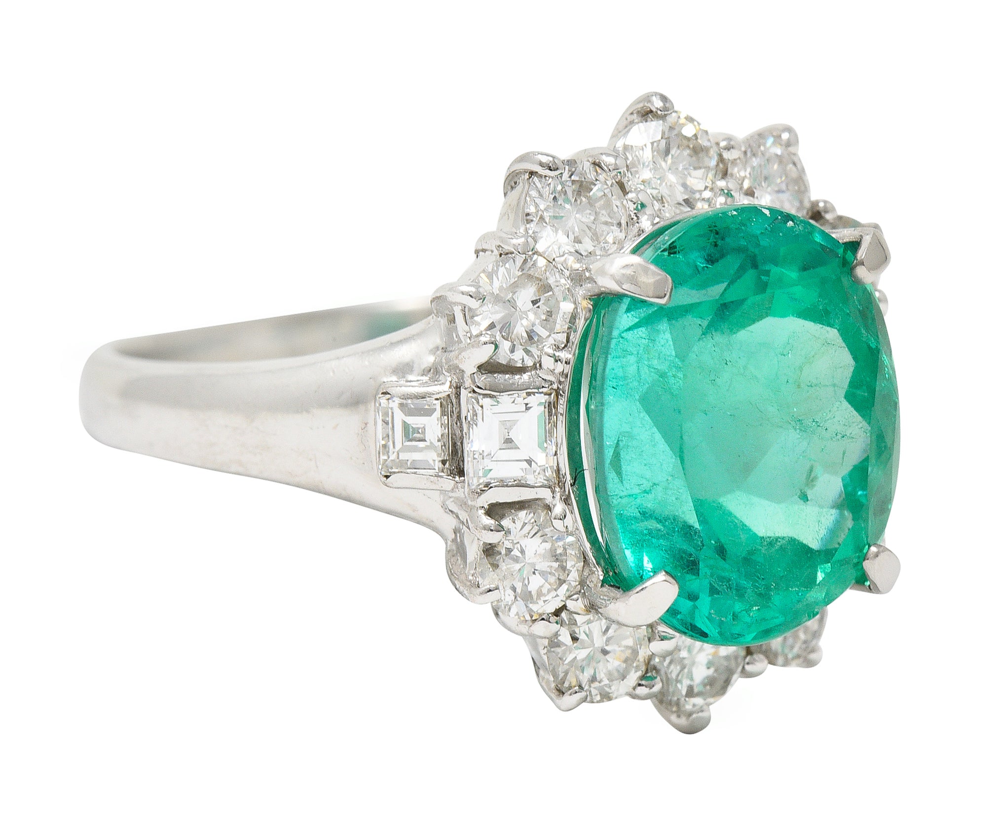 Contemporary 6.77 CTW Columbian Emerald Diamond Platinum Halo Ring GIA Wilson's Estate Jewelry