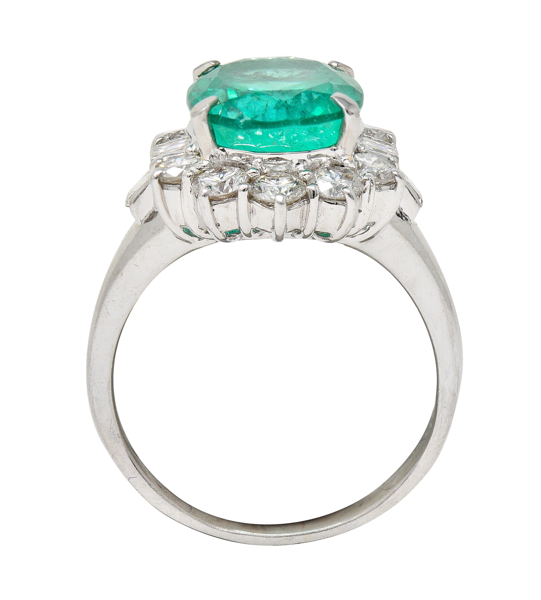 Contemporary 6.77 CTW Columbian Emerald Diamond Platinum Halo Ring GIA Wilson's Estate Jewelry