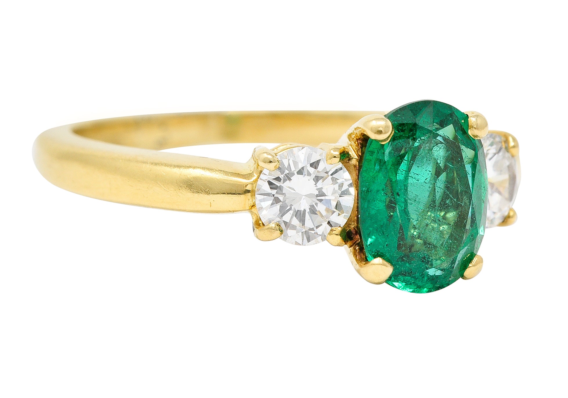 1990's 1.60 CTW Oval Cut Zambian Emerald Diamond 18 Karat Yellow Gold Vintage Three Stone GIA Wilson's Estate Jewelry