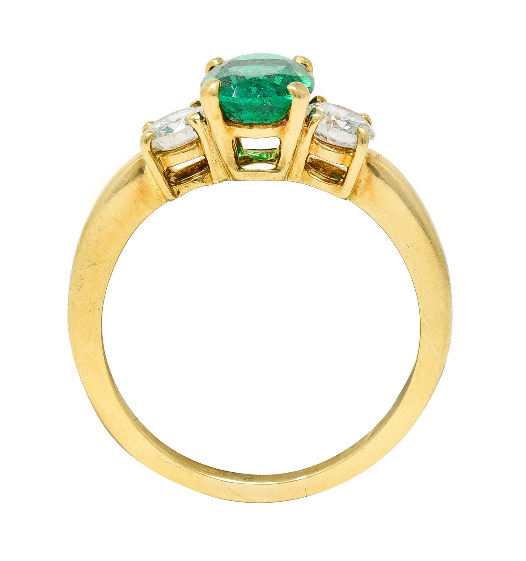 1990's 1.60 CTW Oval Cut Zambian Emerald Diamond 18 Karat Yellow Gold Vintage Three Stone GIA Wilson's Estate Jewelry