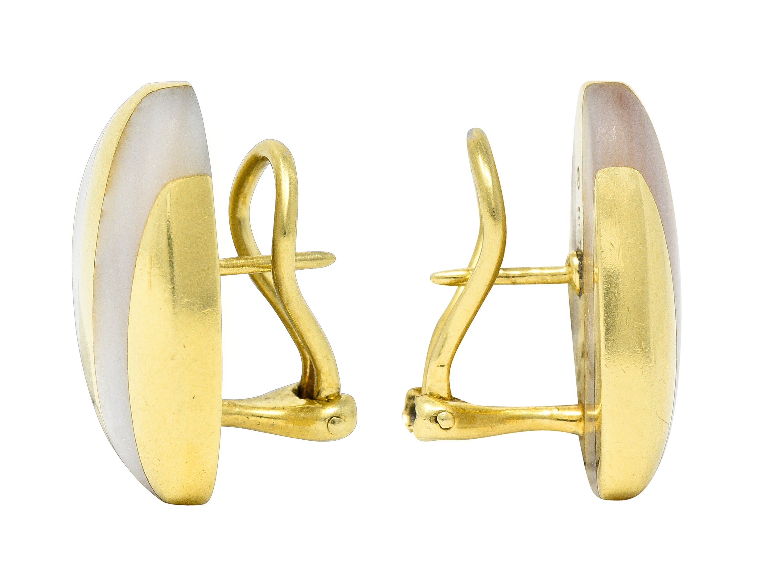 Angela Cummings 1970's Mother-Of-Pearl 18 Karat Yellow Gold Inlay Stripe Triangle Vintage Earrings Wilson's Estate Jewelry