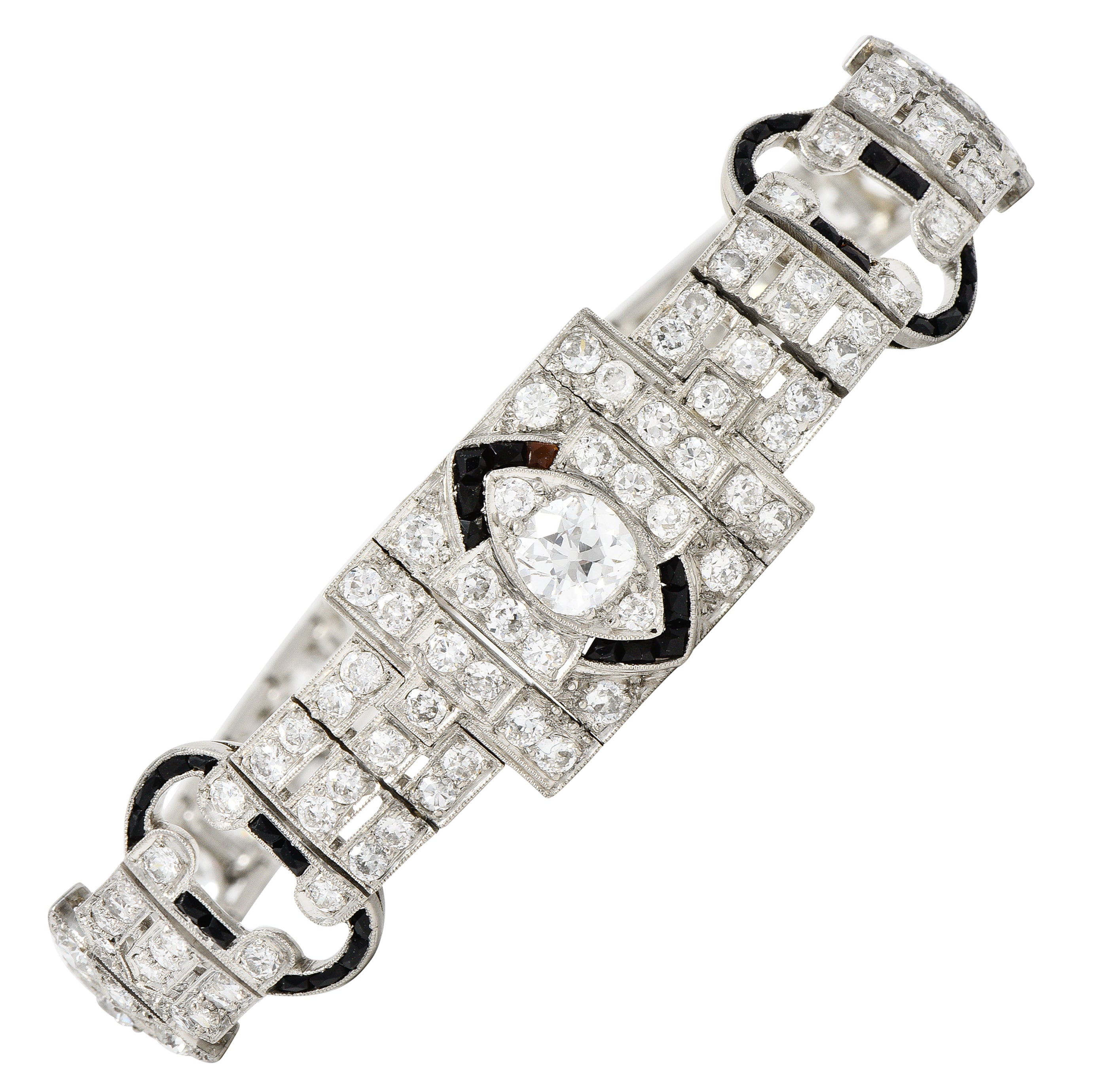 Art Deco 7.86 CTW Old European & Mine Cut Diamond Onyx Platinum Buckle Line Bracelet Wilson's Estate Jewelry