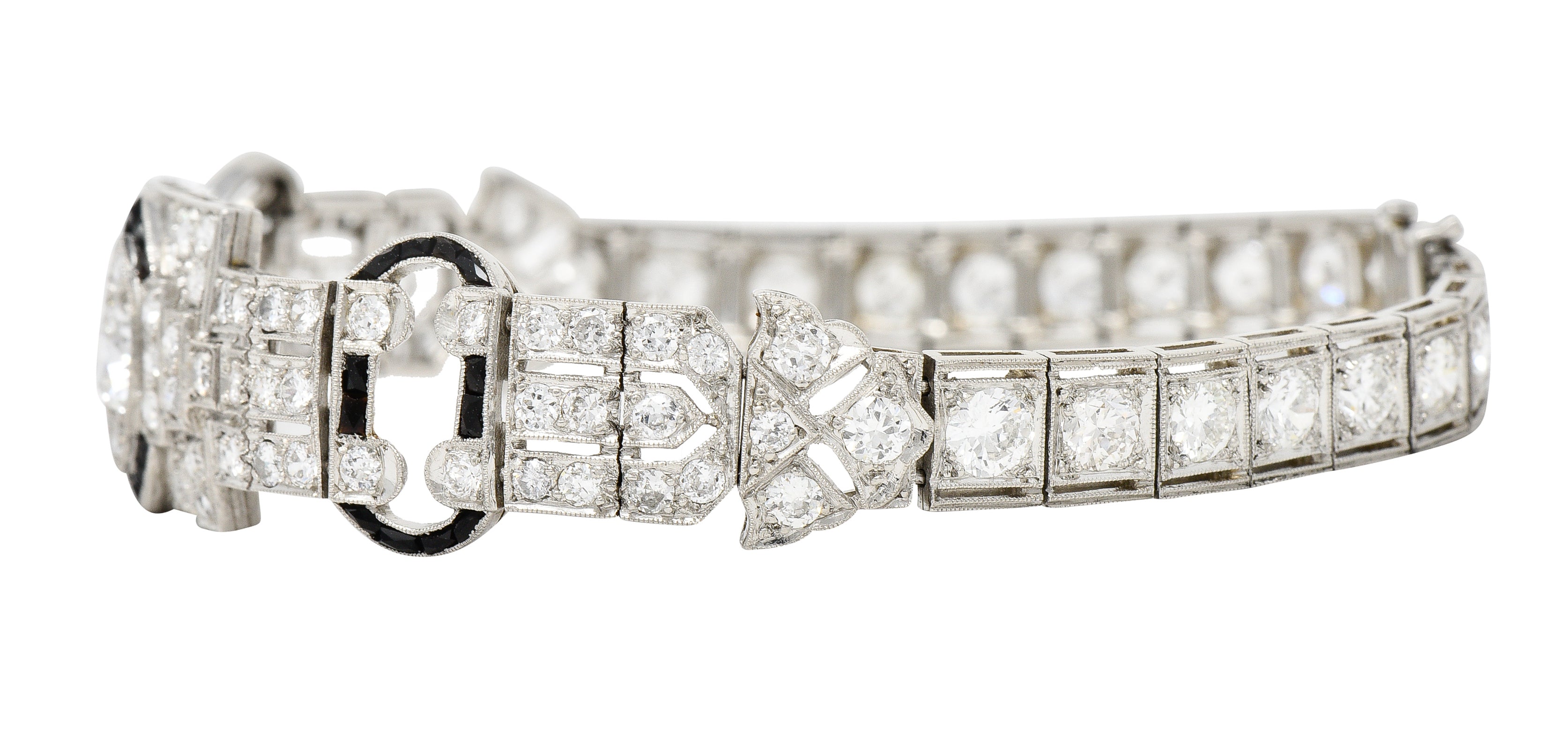 Art Deco 7.86 CTW Old European & Mine Cut Diamond Onyx Platinum Buckle Line Bracelet Wilson's Estate Jewelry