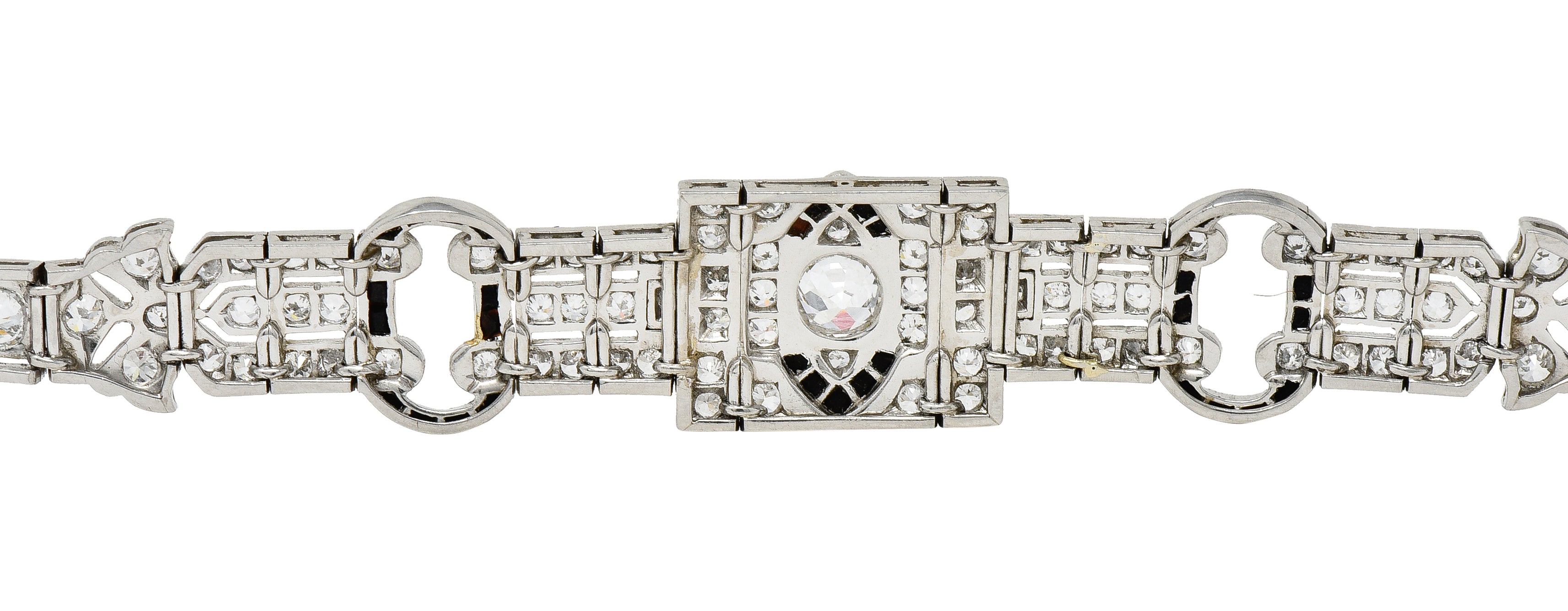 Art Deco 7.86 CTW Old European & Mine Cut Diamond Onyx Platinum Buckle Line Bracelet Wilson's Estate Jewelry