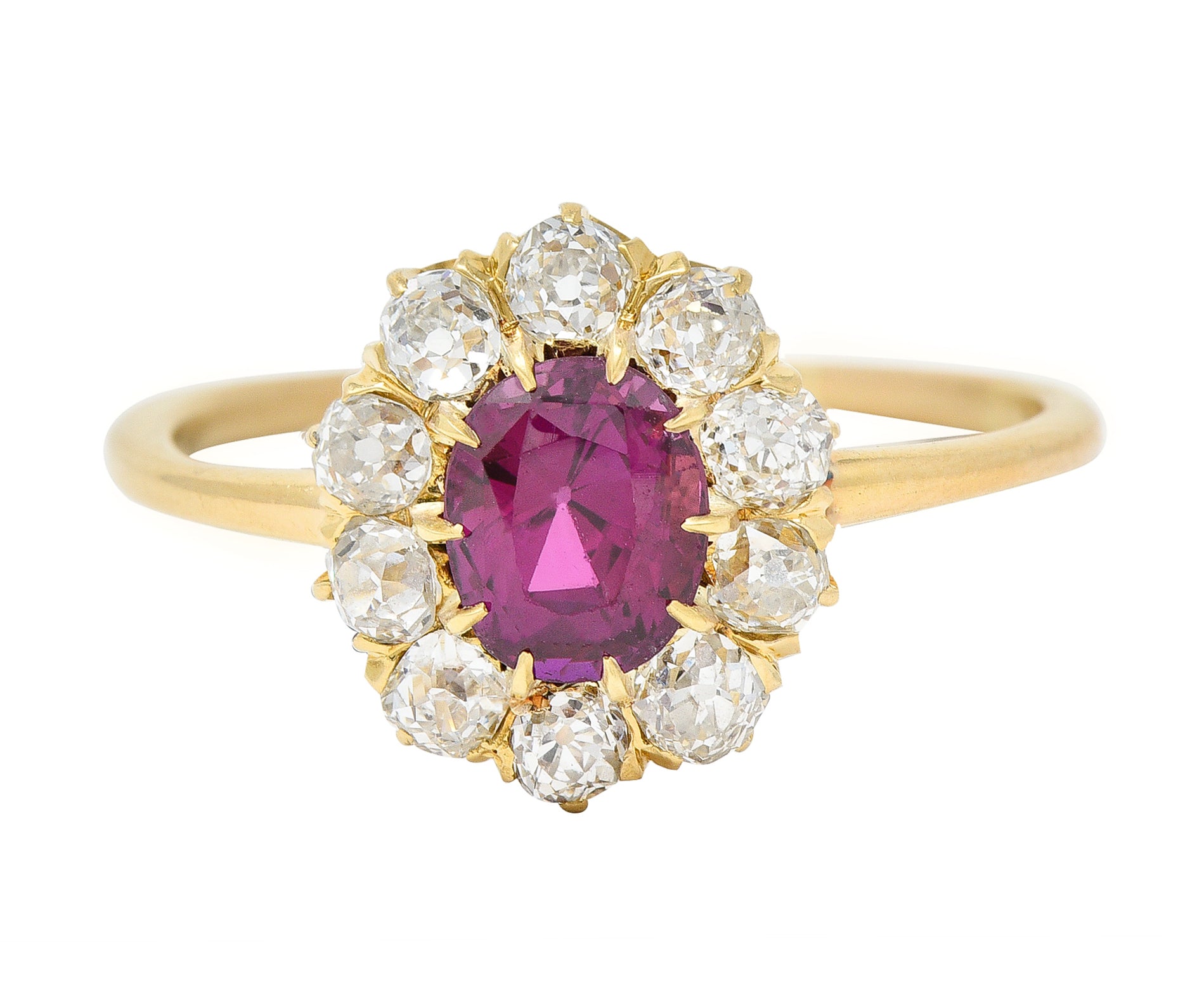 Victorian 1.82 CTW Oval Cut Ruby Old Mine Cut Diamond 14 Karat Yellow Gold Antique Cluster Ring Wilson's Estate Jewelry