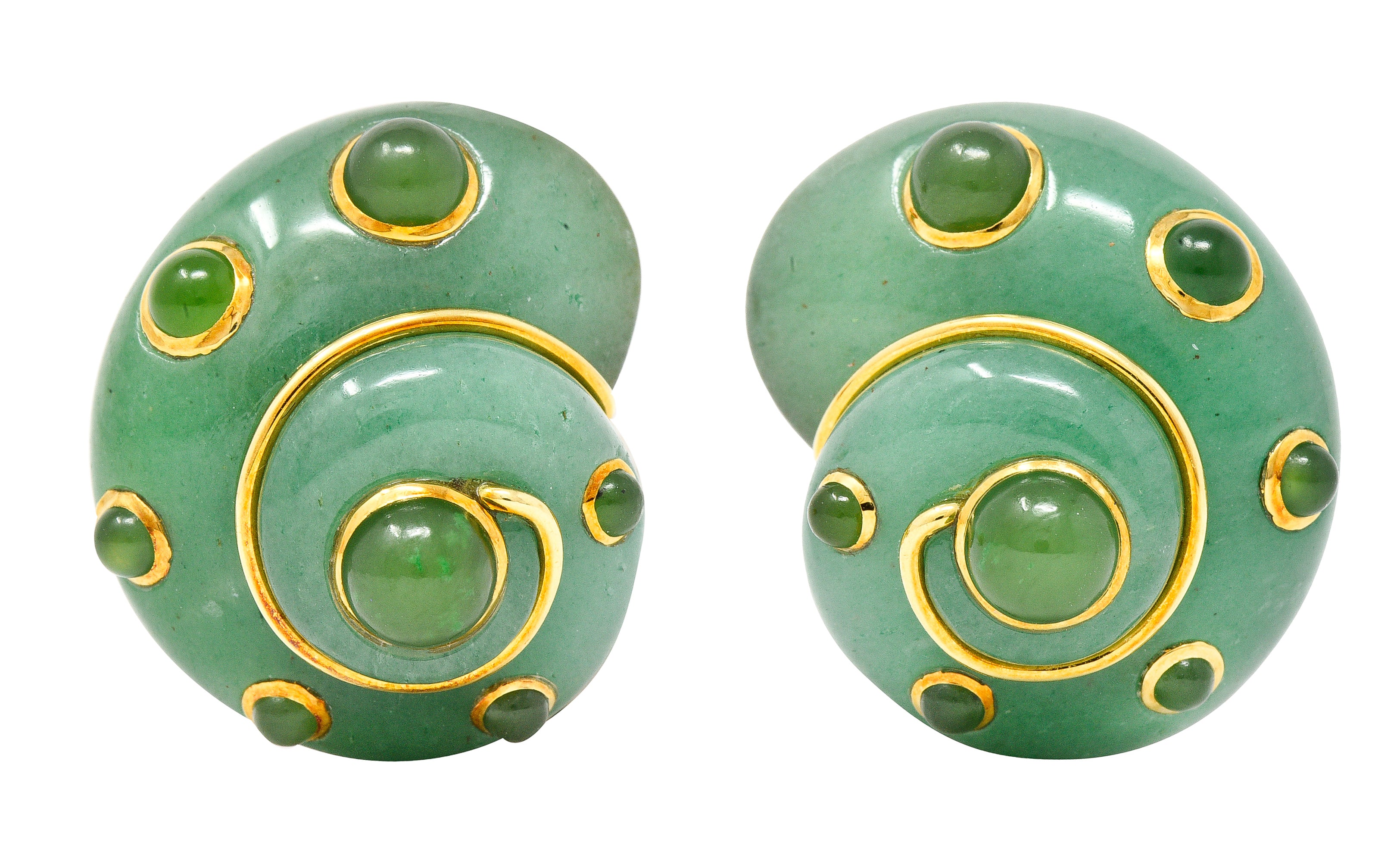 Verdura 1980's  Carved Aventurine Nephrite Jade Cabochon 18 Karat Yellow Gold Sea Shell Vintage Earrings Wilson's Estate Jewelry