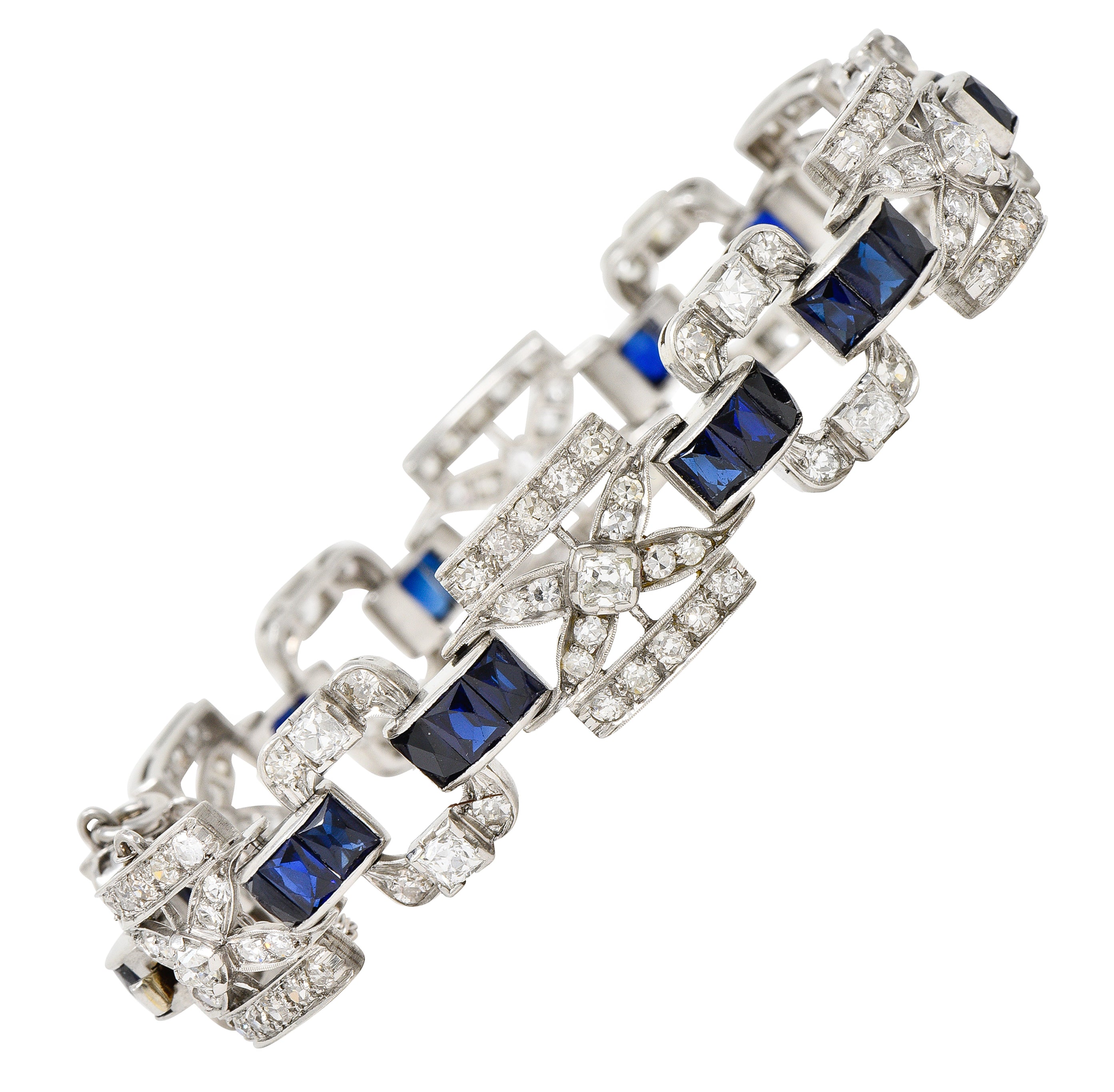 Art Deco 6.42 CTW Old Mine Cut Diamond Platinum X Buckle Line Bracelet Wilson's Estate Jewelry