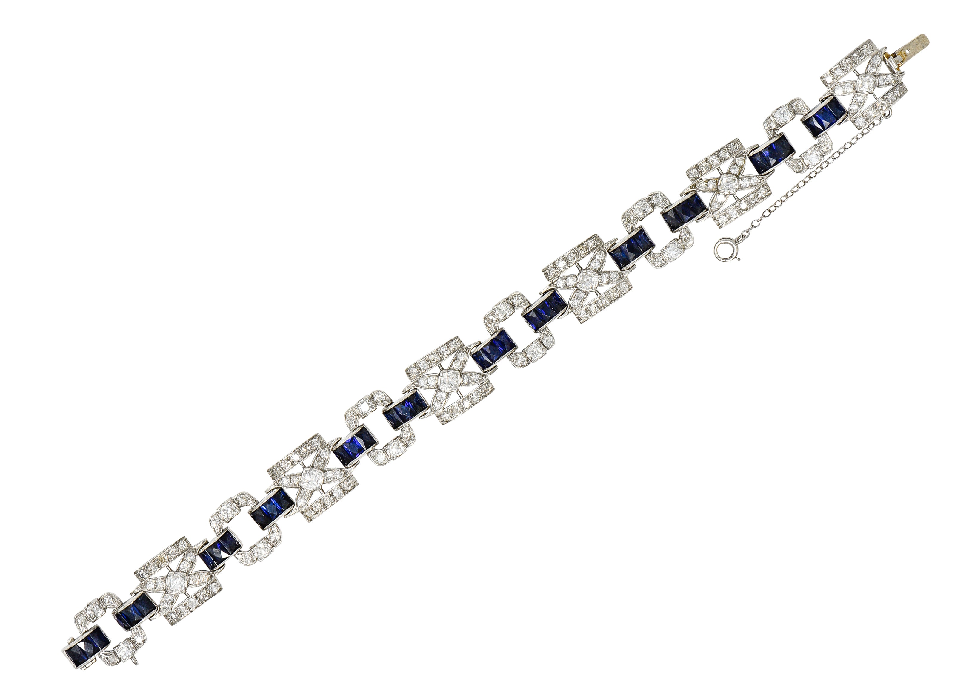 Art Deco 6.42 CTW Old Mine Cut Diamond Platinum X Buckle Line Bracelet Wilson's Estate Jewelry