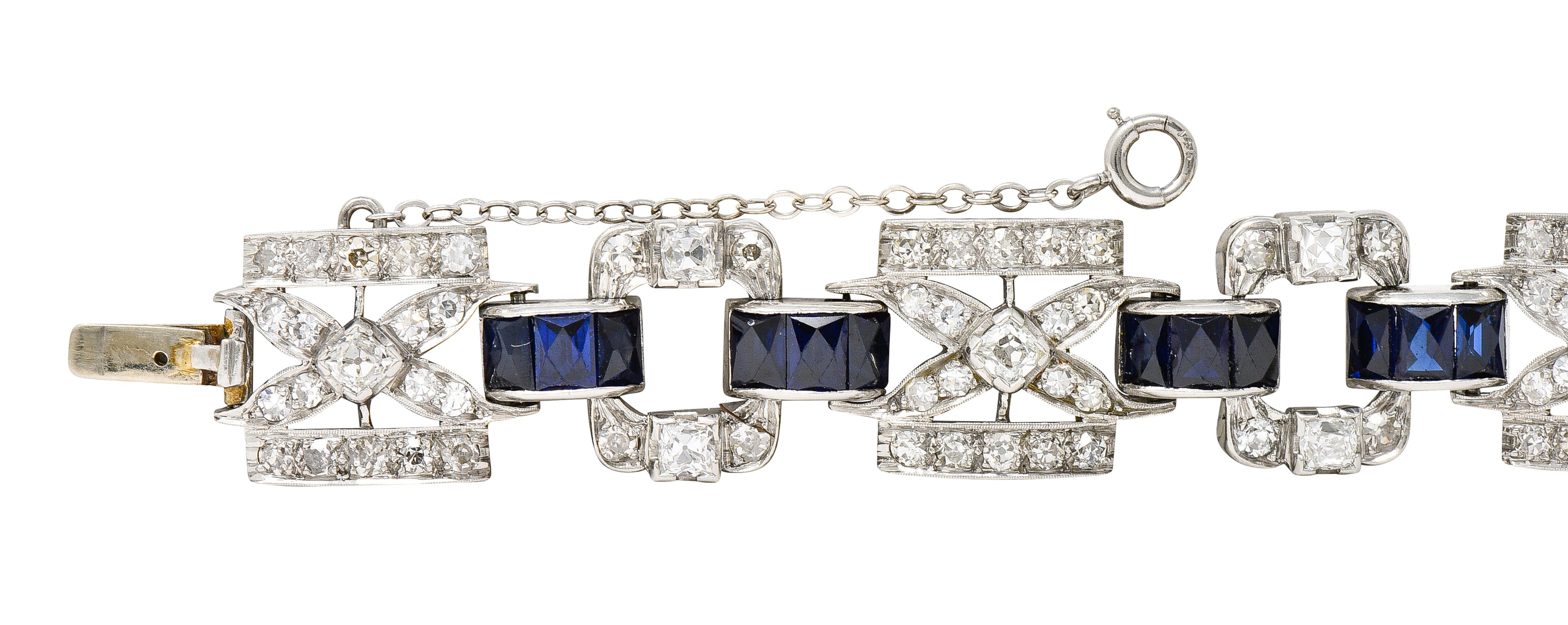 Art Deco 6.42 CTW Old Mine Cut Diamond Platinum X Buckle Line Bracelet Wilson's Estate Jewelry