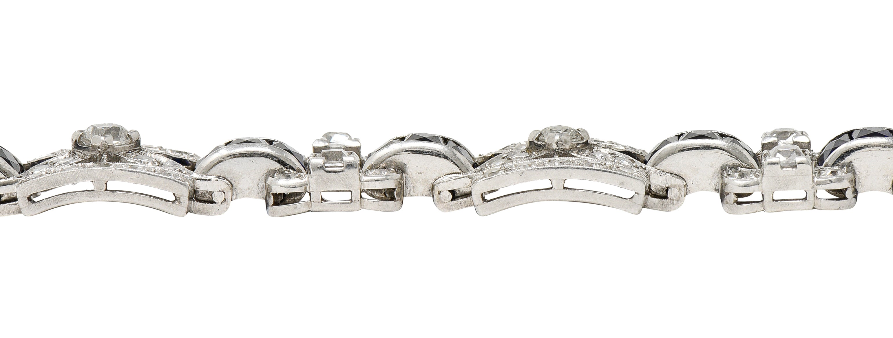 Art Deco 6.42 CTW Old Mine Cut Diamond Platinum X Buckle Line Bracelet Wilson's Estate Jewelry