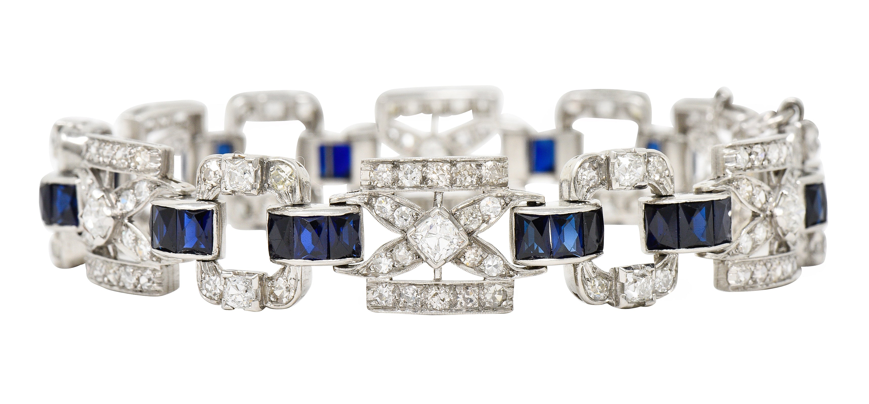 Art Deco 6.42 CTW Old Mine Cut Diamond Platinum X Buckle Line Bracelet Wilson's Estate Jewelry