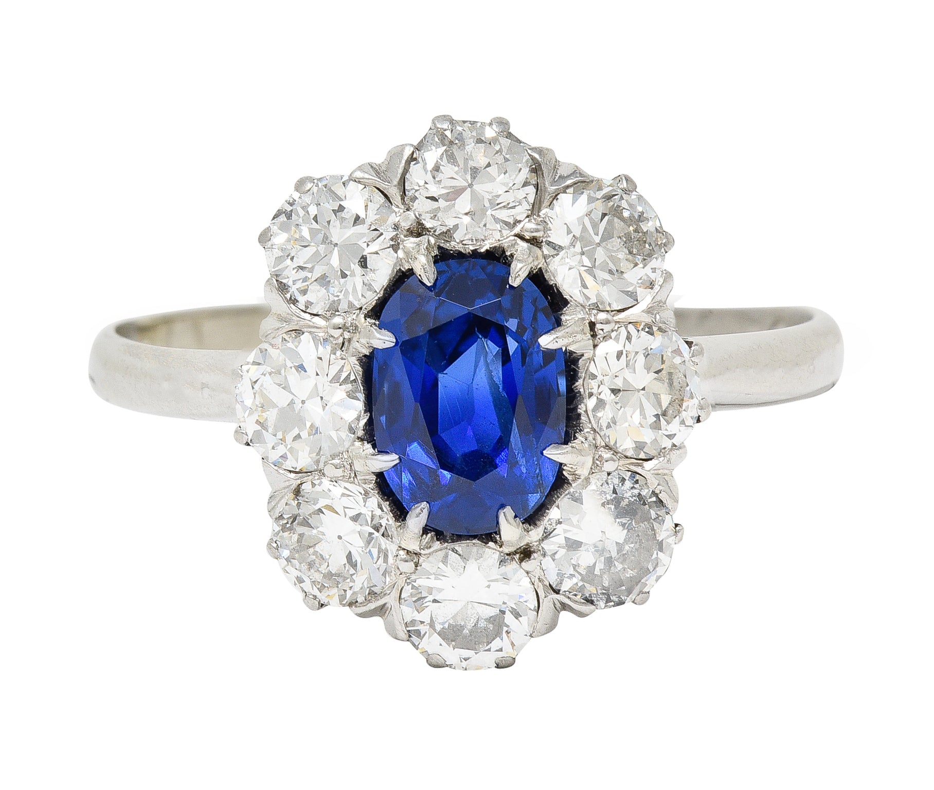 Edwardian 2.48 CTW No Heat Burma Sapphire Old European Cut Diamond Platinum Antique Halo Ring GIA Wilson's Estate Jewelry