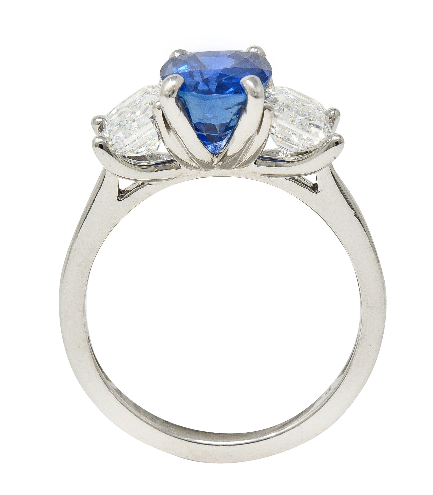 Contemporary 4.82 CTW Oval Cut No Heat Sapphire Emerald Cut Diamond Platinum Three Stone Ring GIA Wilson's Estate Jewelry