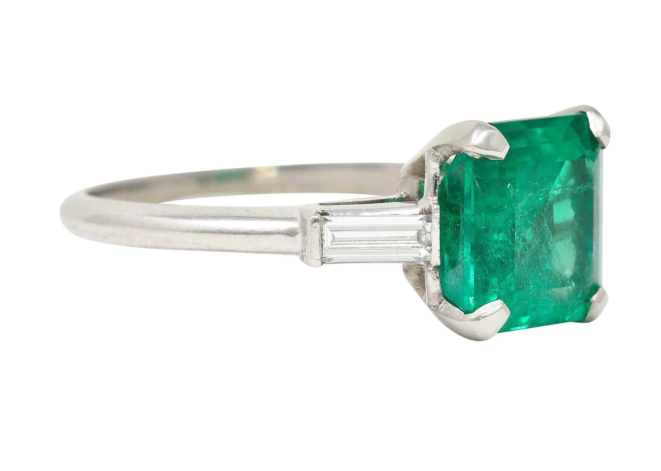 Mid-Century 3.48 CTW Square Step Cut Colombian Emerald Diamond Platinum Vintage Three Stone Ring GIA Wilson's Estate Jewelry