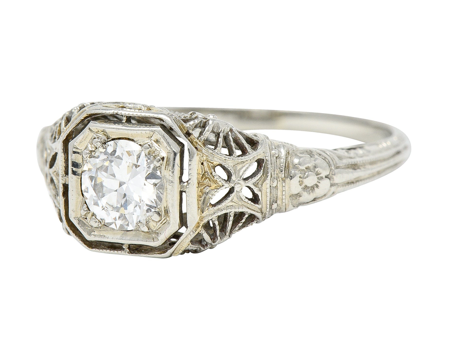 Art Deco 0.34 CTW Diamond 18 Karat White Gold Orange Blossom Floral Engagement Ring Wilson's Estate Jewelry