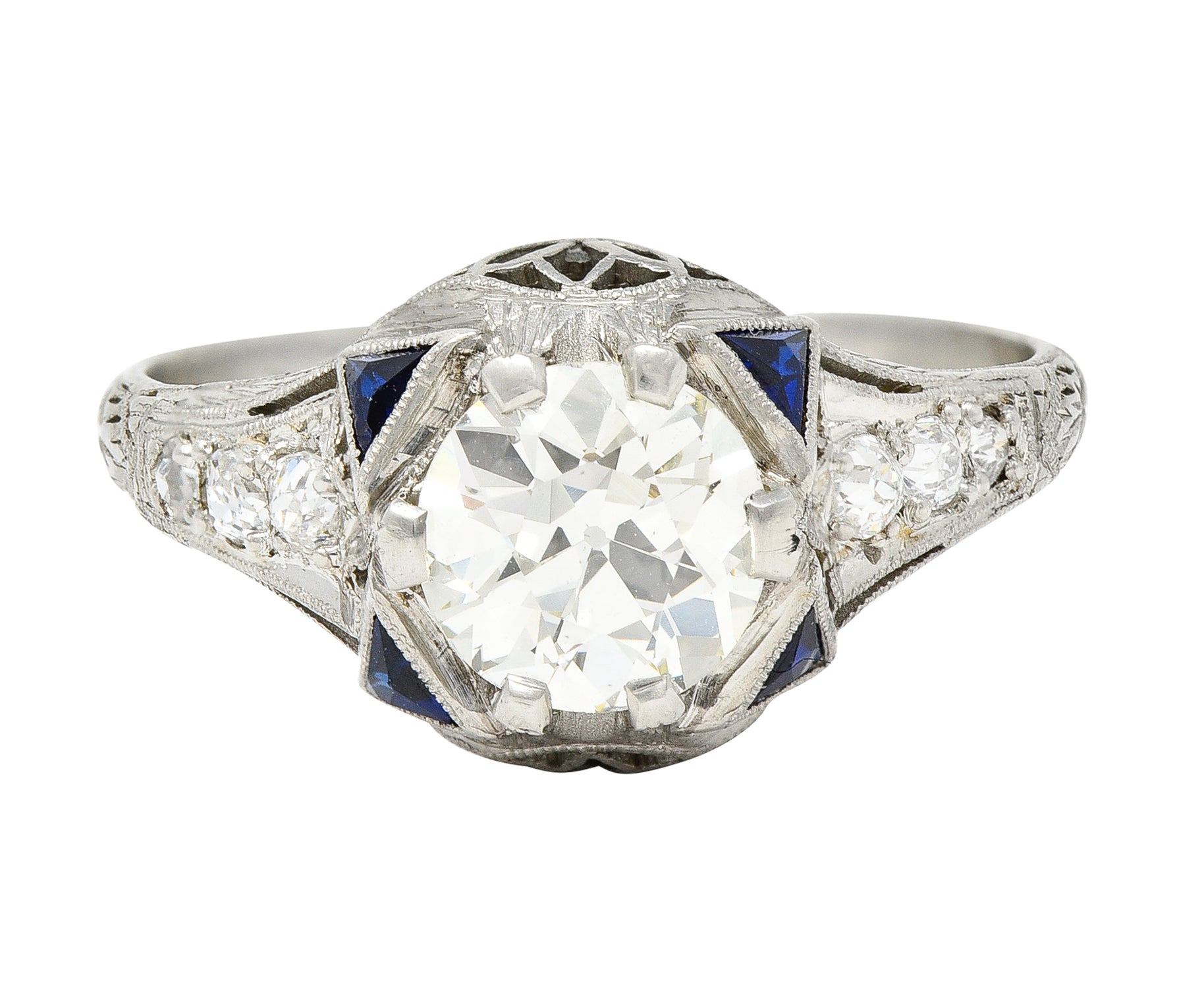 Art Deco 1.27 CTW Old European Cut Diamond Sapphire Platinum Lotus Foliate Engagement Ring Wilson's Estate Jewelry