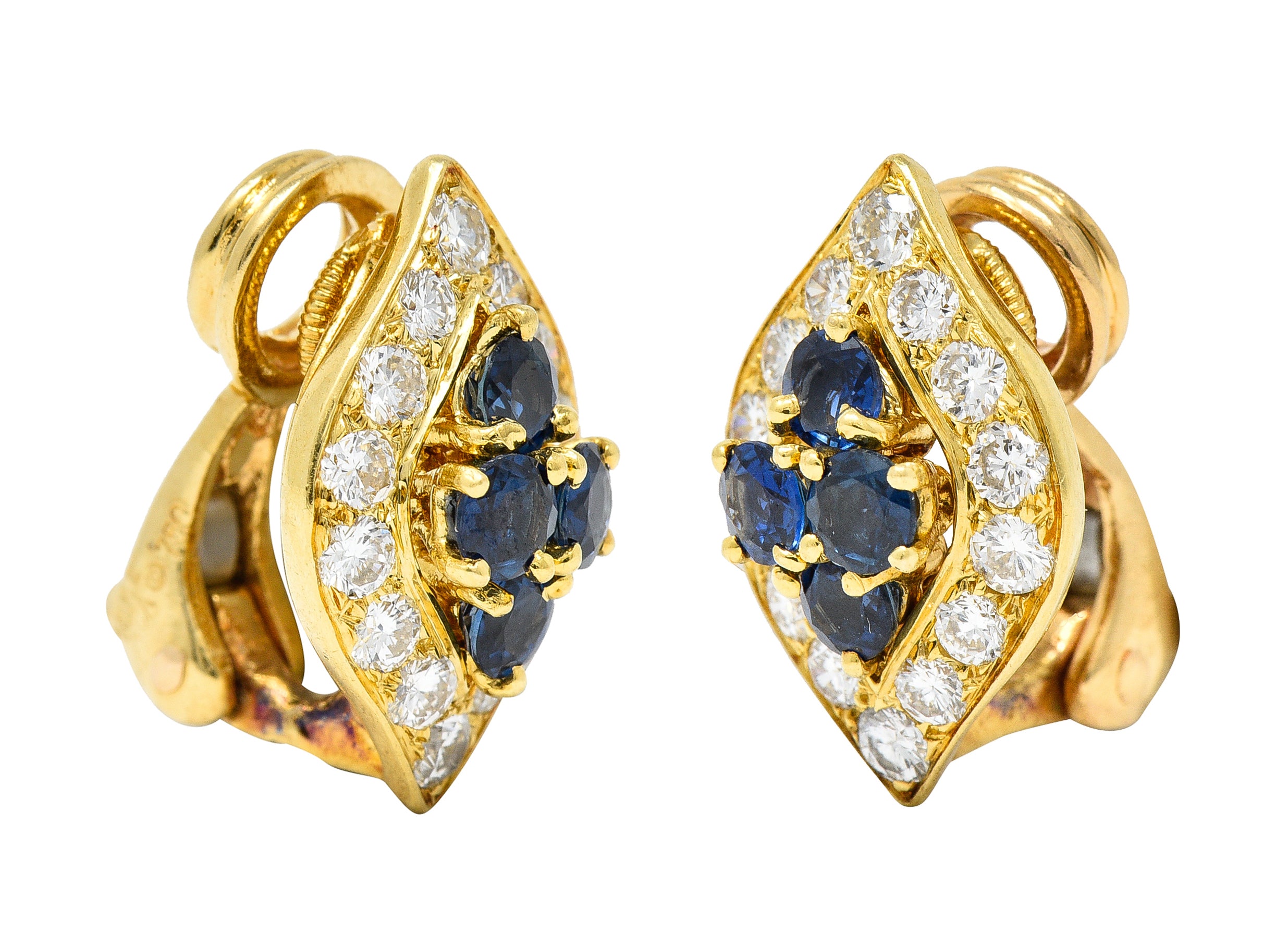 Van Cleef & Arpels France 2.04 CTW Diamond Sapphire 18 Karat Yellow Gold Marquise Cluster Ear-Clip Earrings Wilson's Estate Jewelry