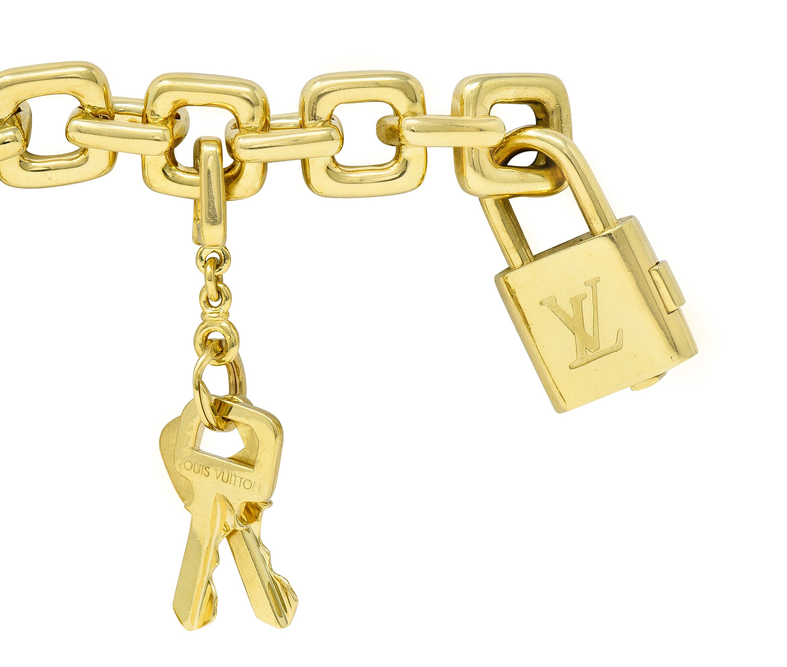 Louis Vuitton Paris 2000's 18 Karat Yellow Gold Square Lock & Key Vintage Charm Bracelet Wilson's Estate Jewelry