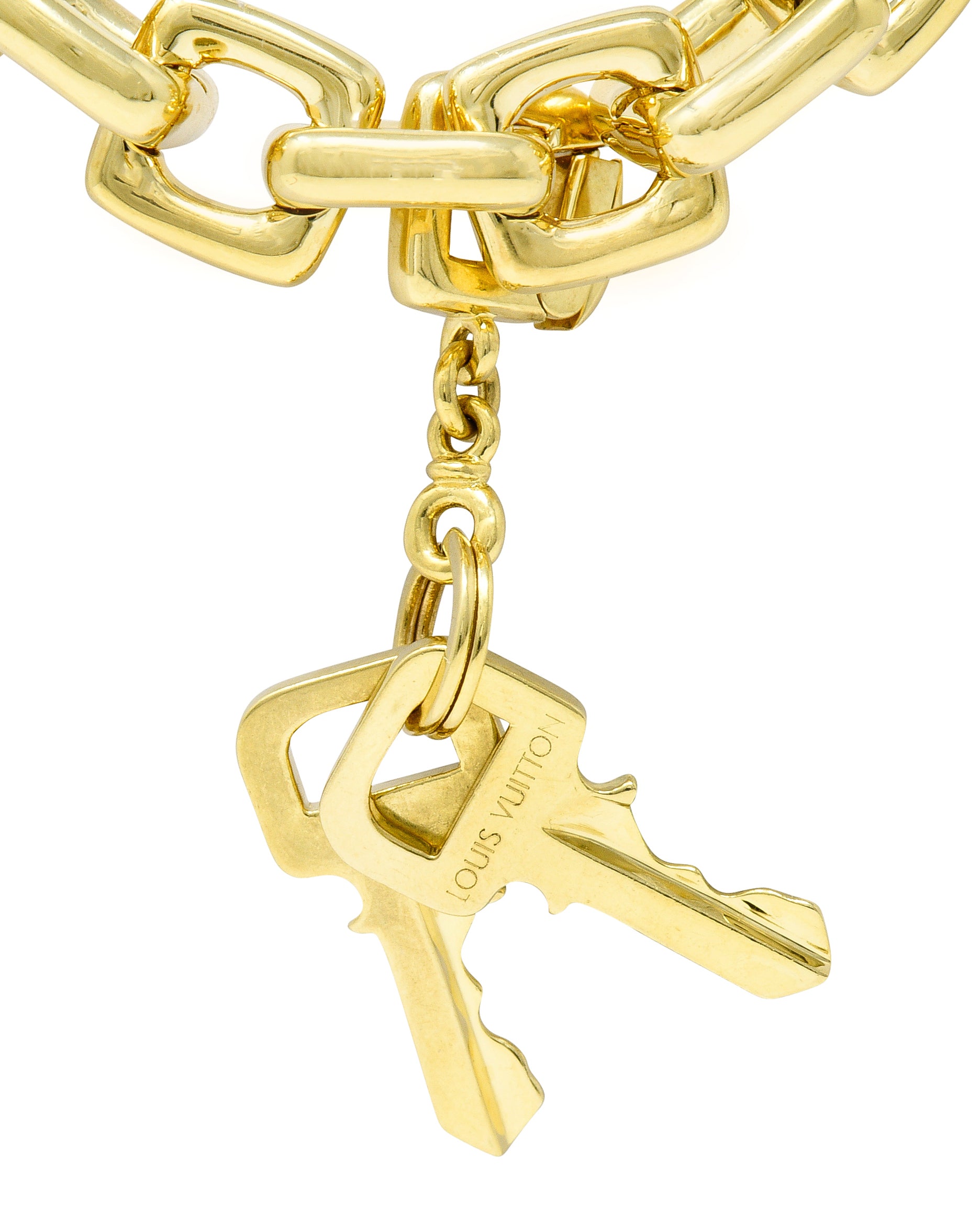 Louis Vuitton Paris 2000's 18 Karat Yellow Gold Square Lock & Key Vintage Charm Bracelet Wilson's Estate Jewelry