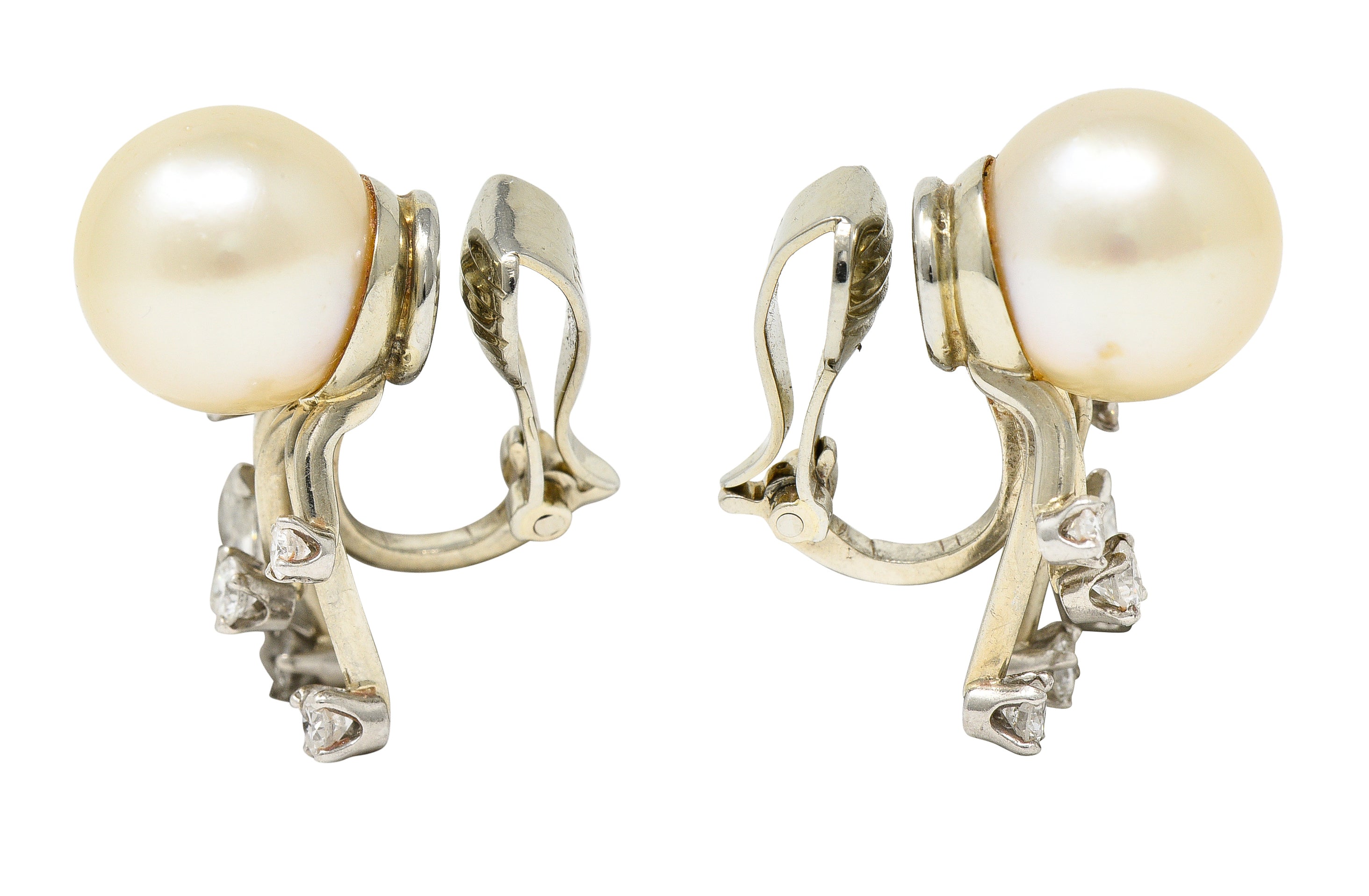 Trabert & Hoeffer Mid-Century Diamond South Sea Pearl Platinum Burst Vintage Ear-Clip Earrings Wilson's Estate Jewelry