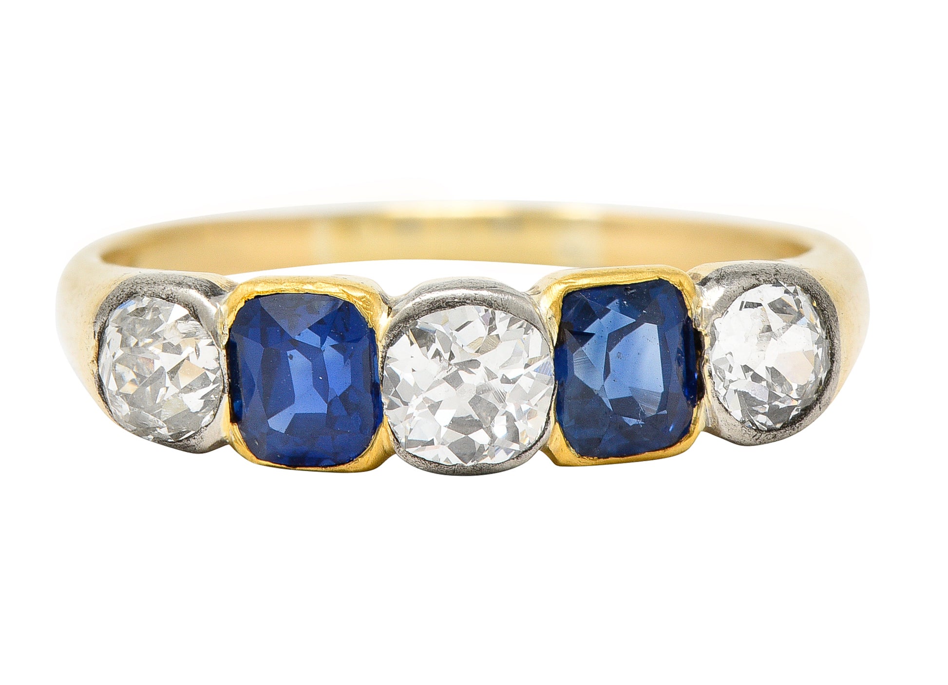 Victorian 1.63 CTW Old Mine Cut Diamond Sapphire Platinum 14 Karat Yellow Gold Five Stone Antique Band Ring Wilson's Estate Jewelry