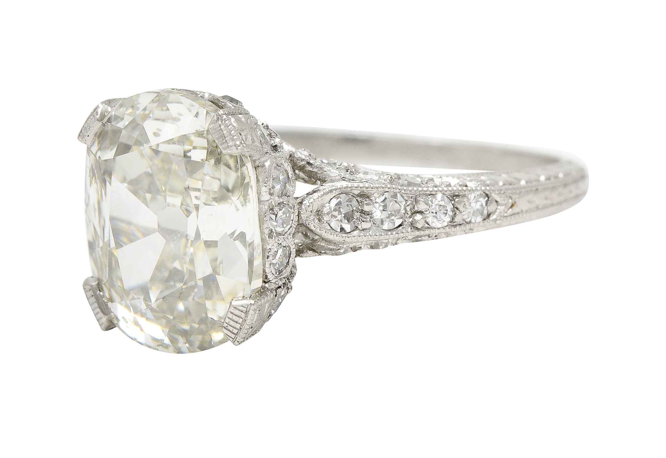 Art Deco 3.59 CTW Old Mine Cut Diamond Platinum Wheat Vintage Engagement Ring Wilson's Estate Jewelry