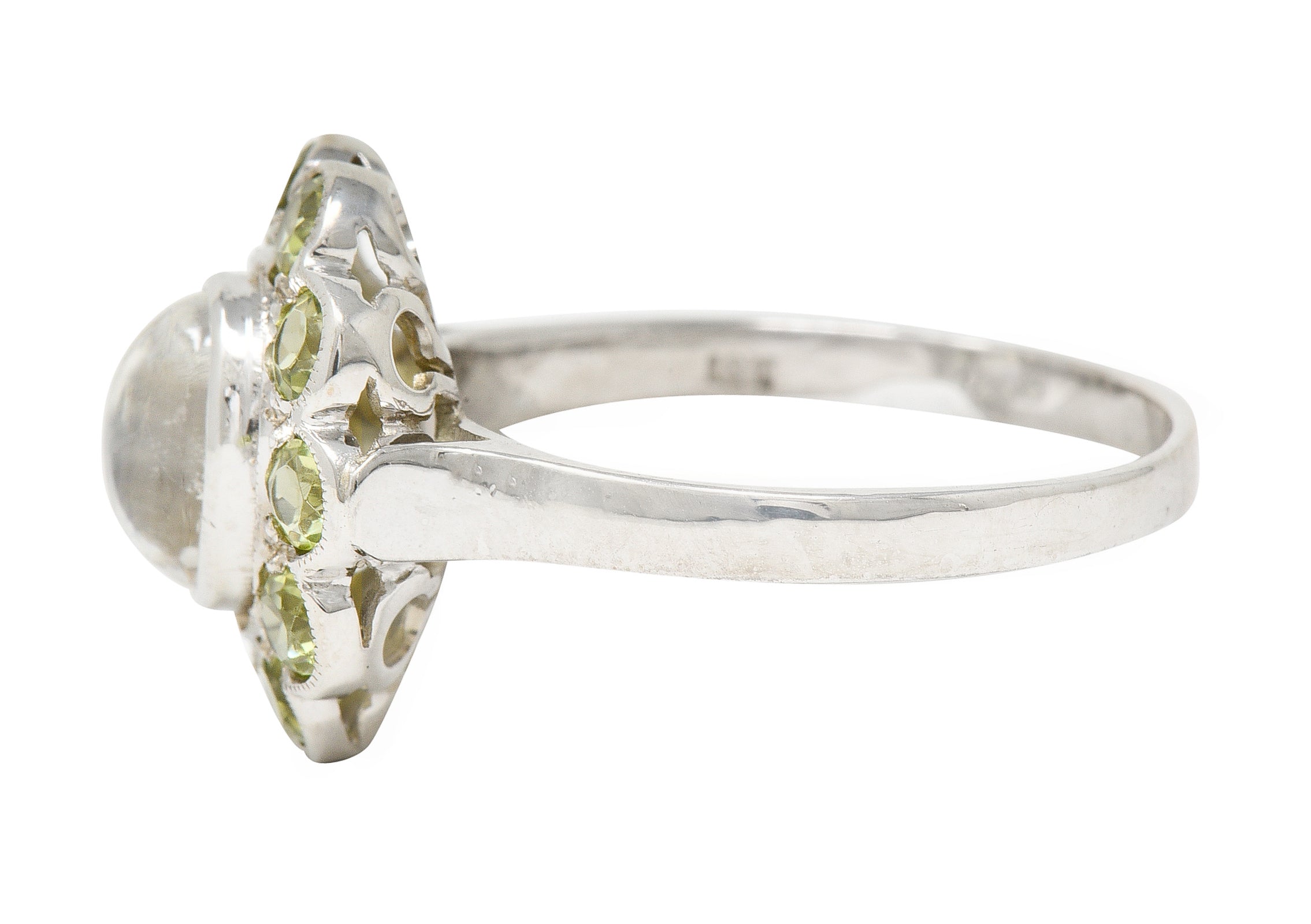 Art Deco Moonstone Peridot 18 Karat White Gold Halo Ring Wilson's Estate Jewelry