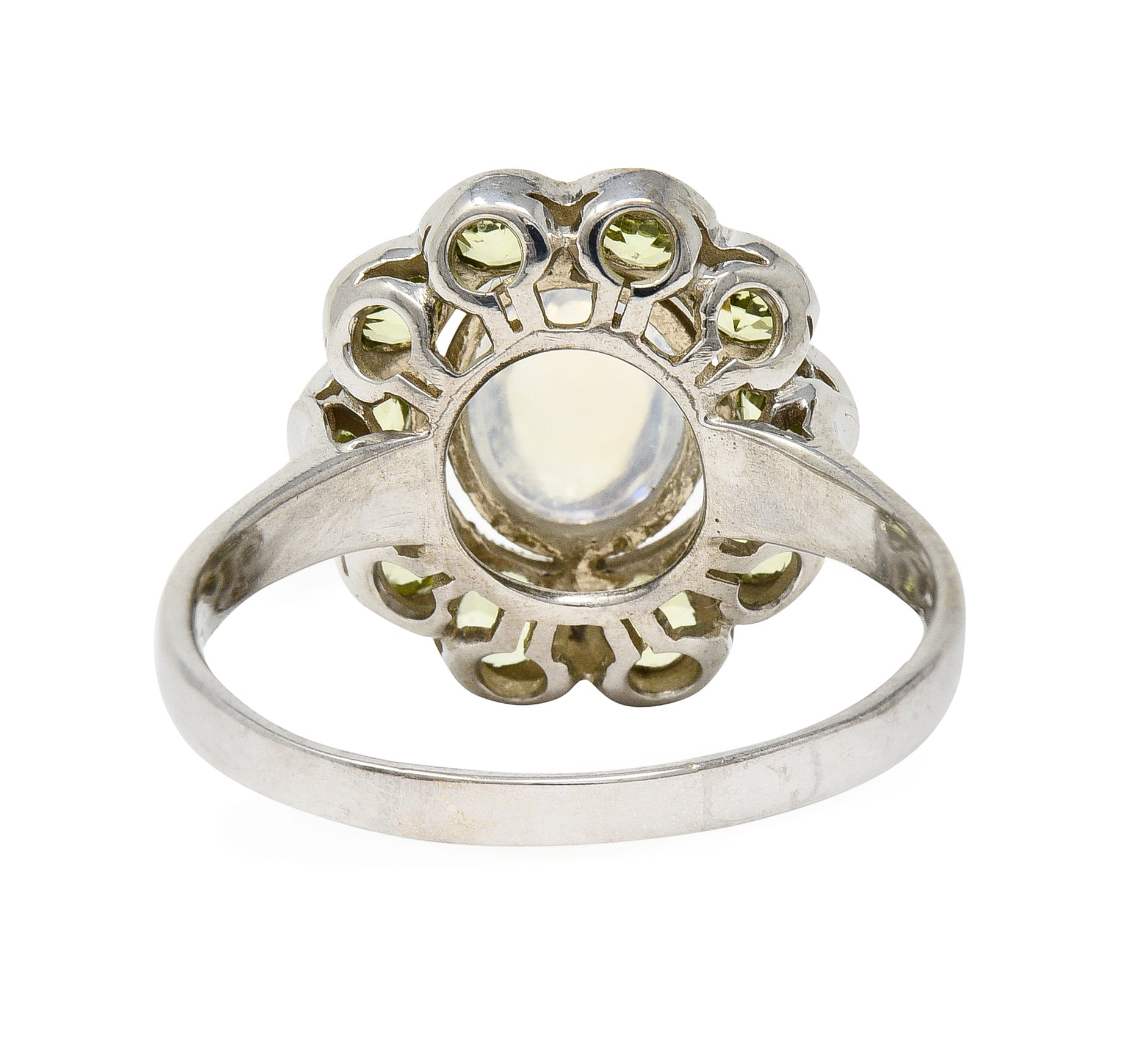 Art Deco Moonstone Peridot 18 Karat White Gold Halo Ring Wilson's Estate Jewelry