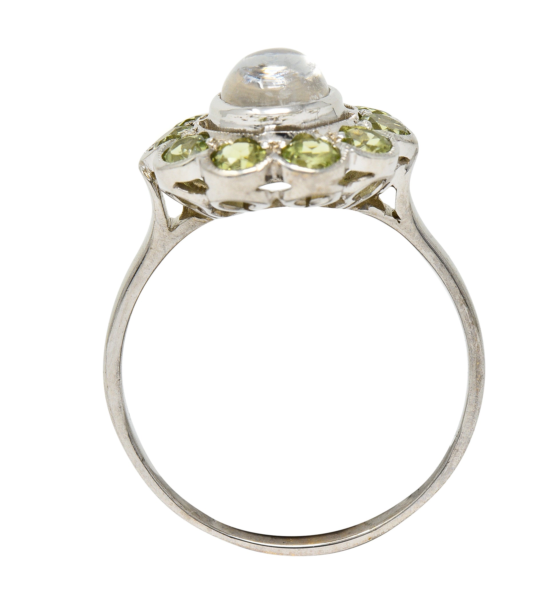 Art Deco Moonstone Peridot 18 Karat White Gold Halo Ring Wilson's Estate Jewelry