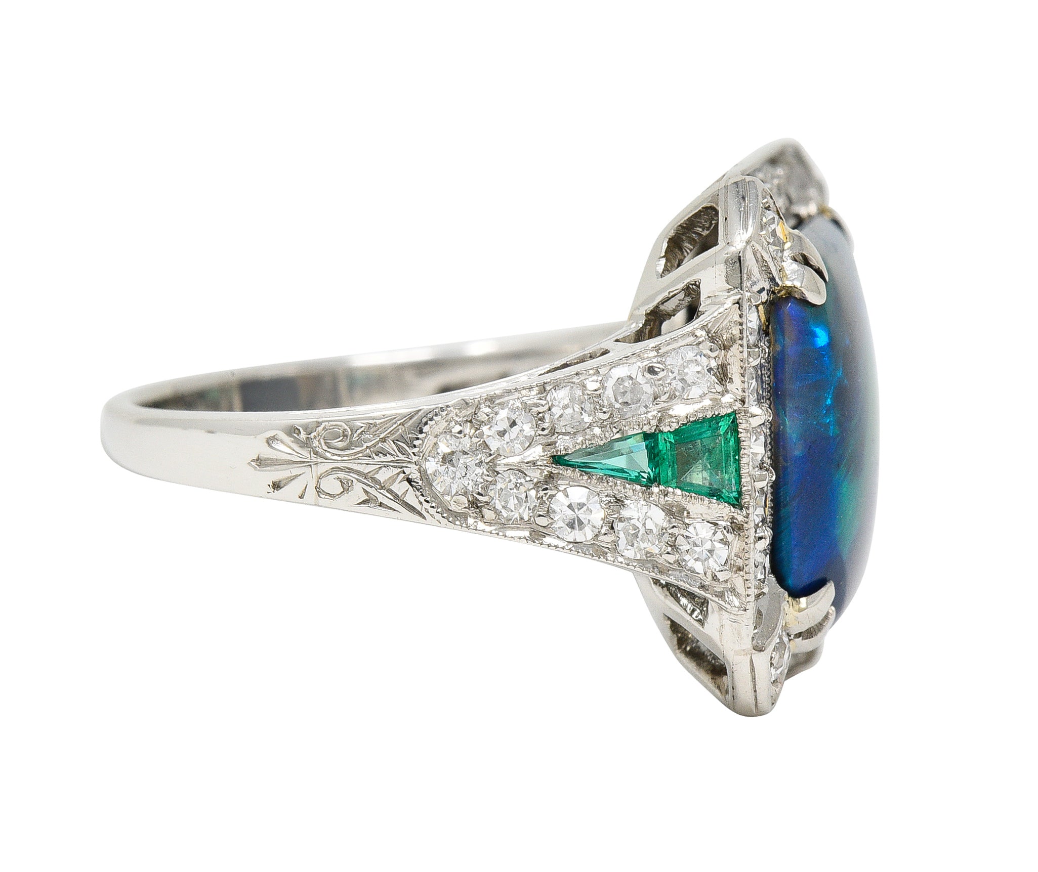 Marcus & Co. Art Deco Octagonal Black Opal Emerald Diamond Platinum Foliate Halo Vintage Ring GIA Wilson's Estate Jewelry