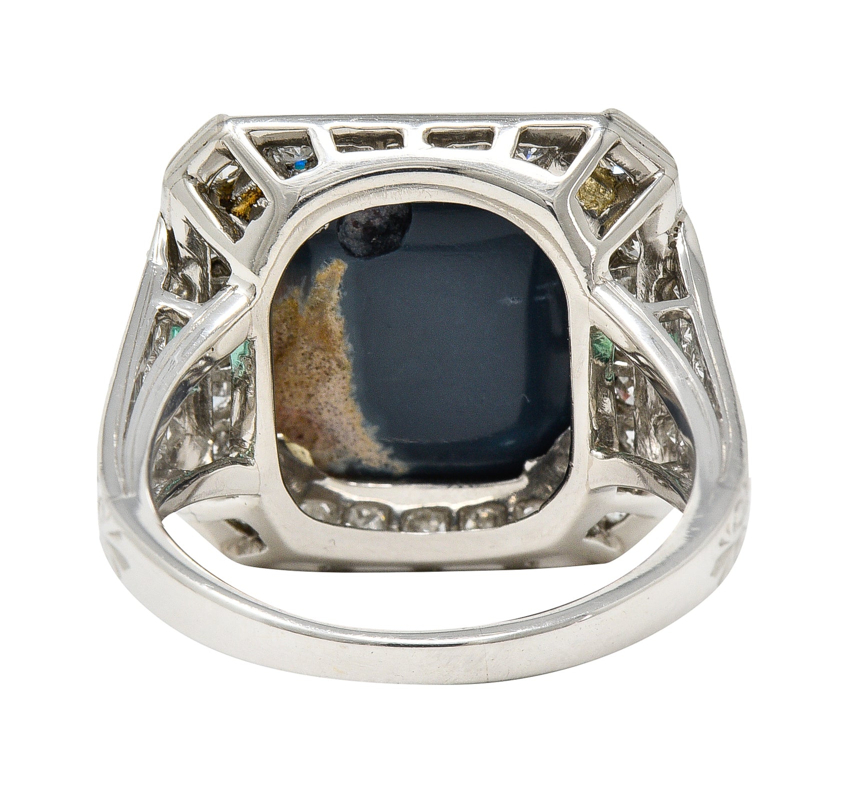 Marcus & Co. Art Deco Octagonal Black Opal Emerald Diamond Platinum Foliate Halo Vintage Ring GIA Wilson's Estate Jewelry