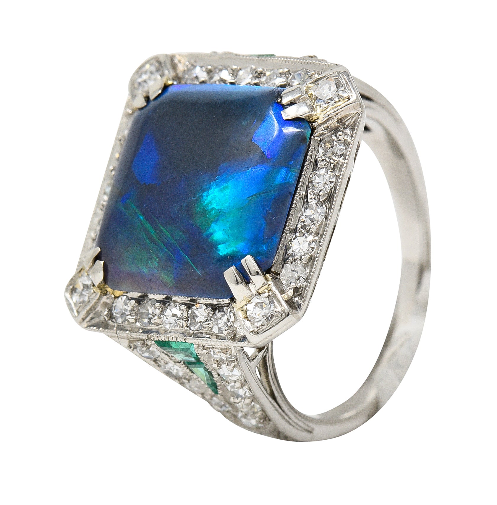 Marcus & Co. Art Deco Octagonal Black Opal Emerald Diamond Platinum Foliate Halo Vintage Ring GIA Wilson's Estate Jewelry