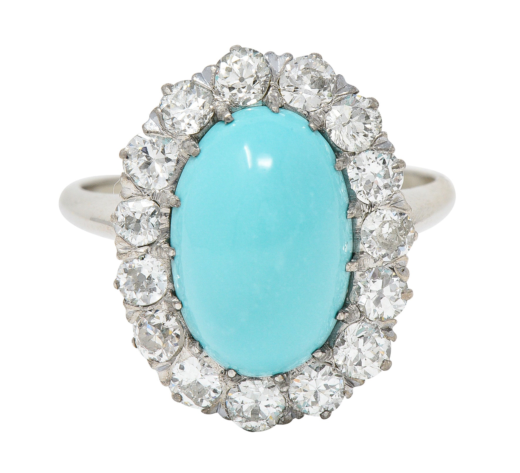 Art Deco 1.20 CTW Turquoise Cabochon Old European Cut Diamond 14 Karat White Gold Halo Ring Wilson's Estate Jewelry