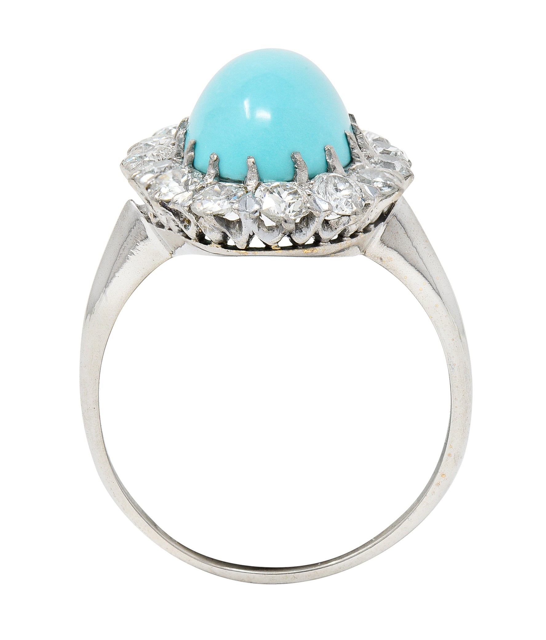 Art Deco 1.20 CTW Turquoise Cabochon Old European Cut Diamond 14 Karat White Gold Halo Ring Wilson's Estate Jewelry