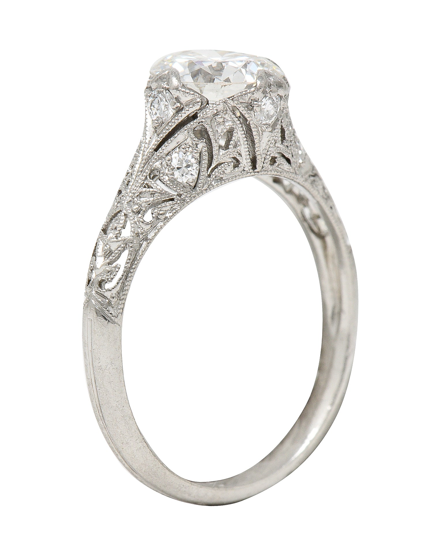 Art Deco 1.44 CTW Old European Cut Diamond Platinum Fleur-De-Lis Engagement Ring Wilson's Estate Jewelry