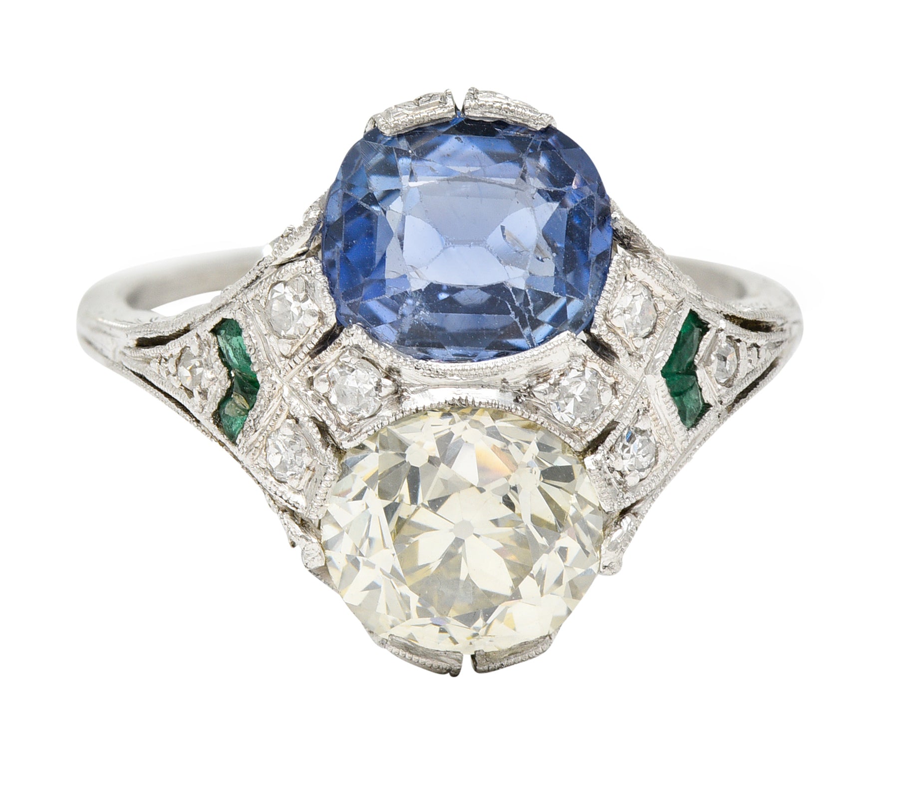 Art Deco 3.87 CTW Old European Cut Diamond Sapphire Emerald Platinum Toi-Et-Moi Vintage Alternative Dinner Ring GIA Wilson's Estate Jewelry