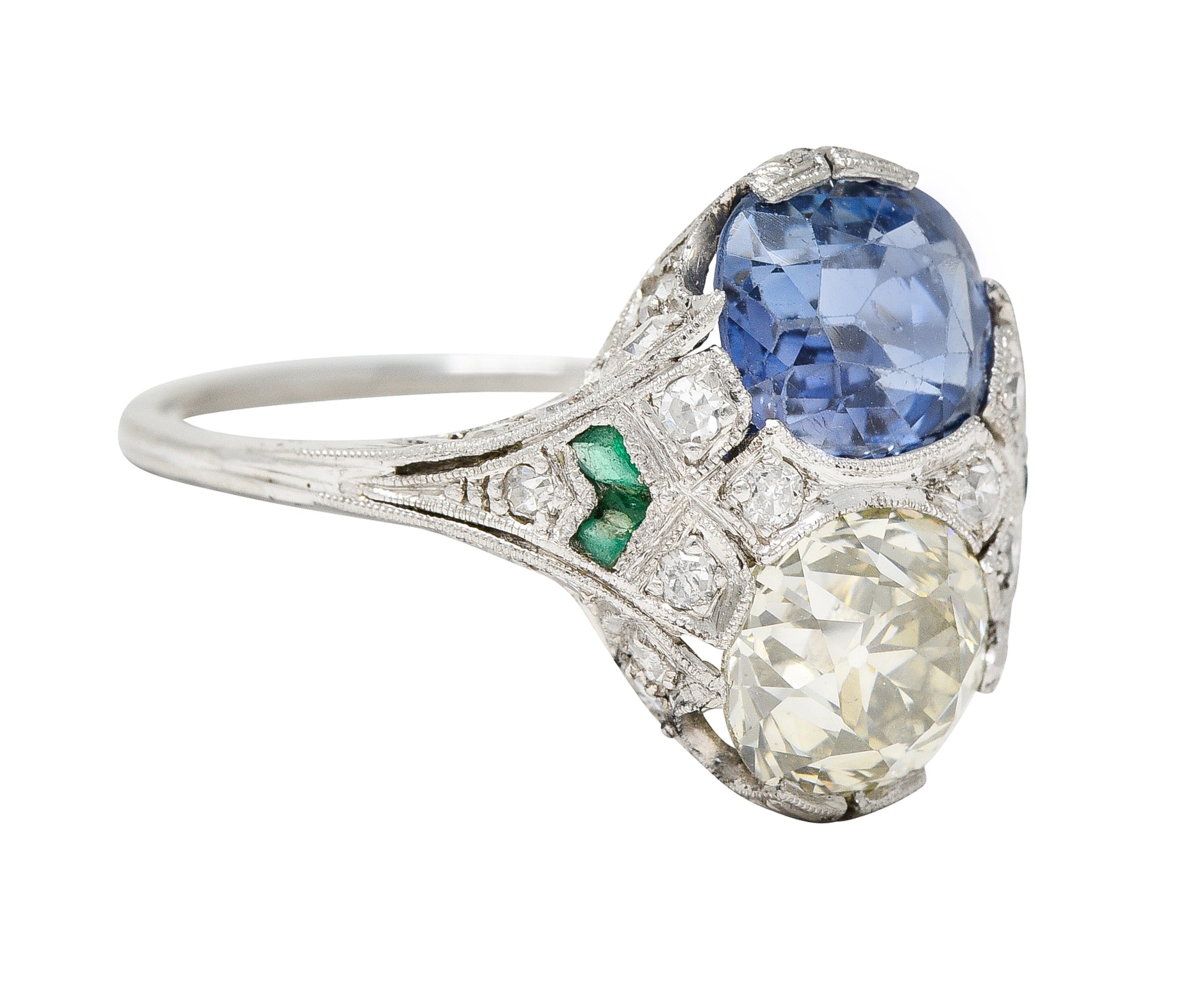 Art Deco 3.87 CTW Old European Cut Diamond Sapphire Emerald Platinum Toi-Et-Moi Vintage Alternative Dinner Ring GIA Wilson's Estate Jewelry