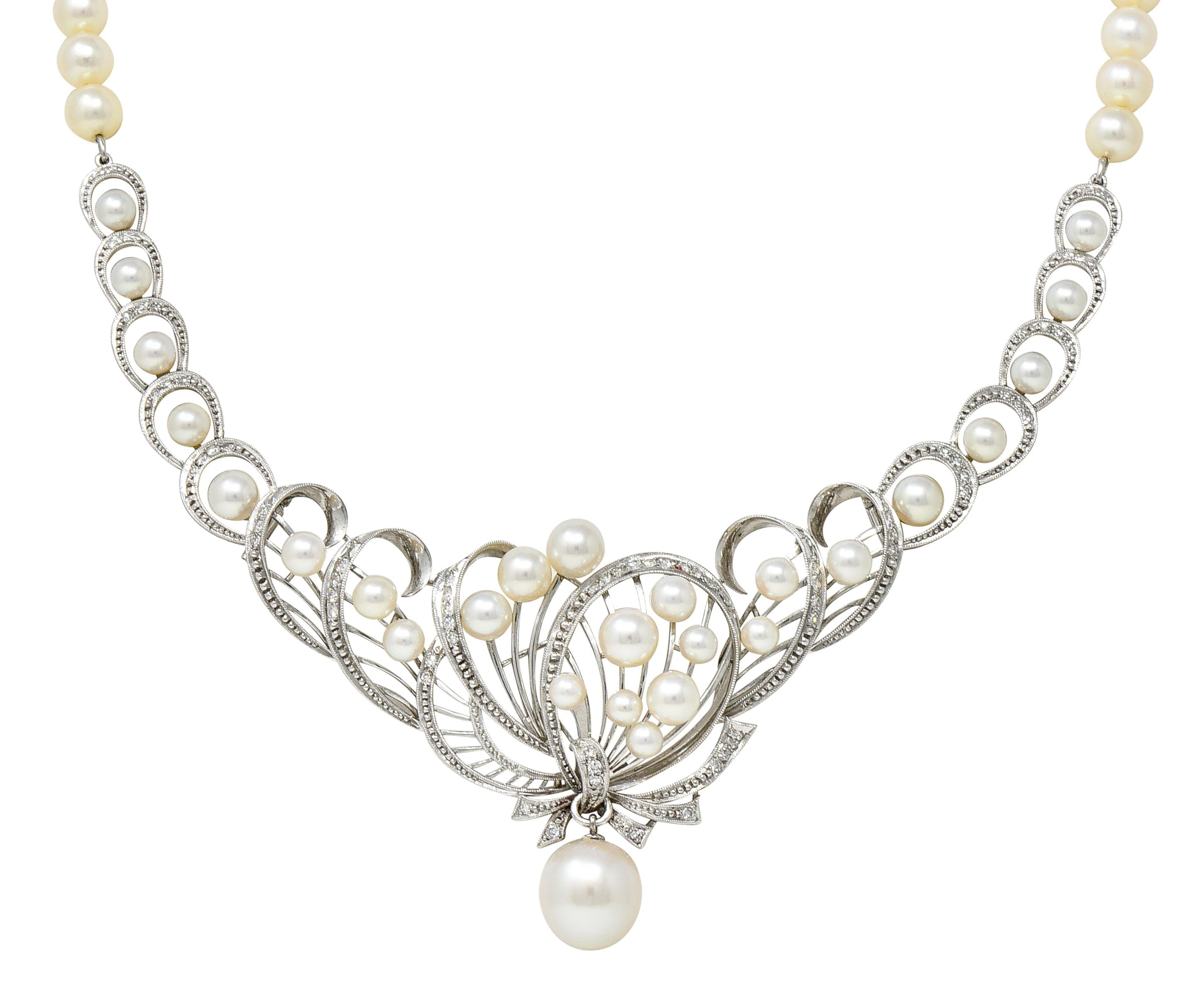 Mikimoto 1950's Diamond Pearl 14 Karat White Gold Fanning Ribbon Necklace