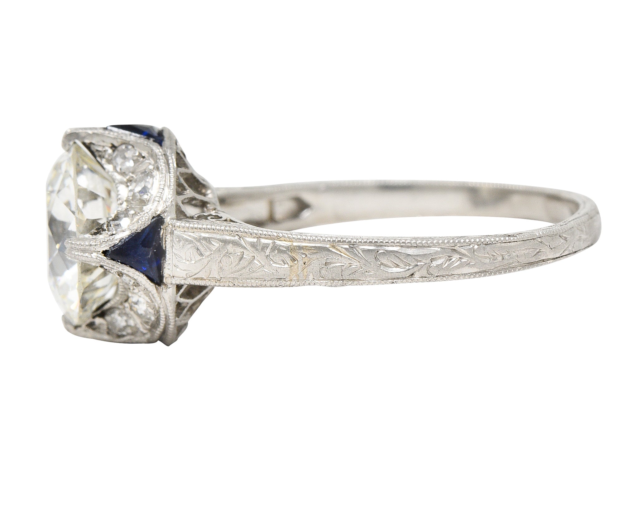 Art Deco 2.95 CTW Old European Cut Diamond Platinum Scrolling Crescent Engagement Ring GIA Wilson's Estate Jewelry