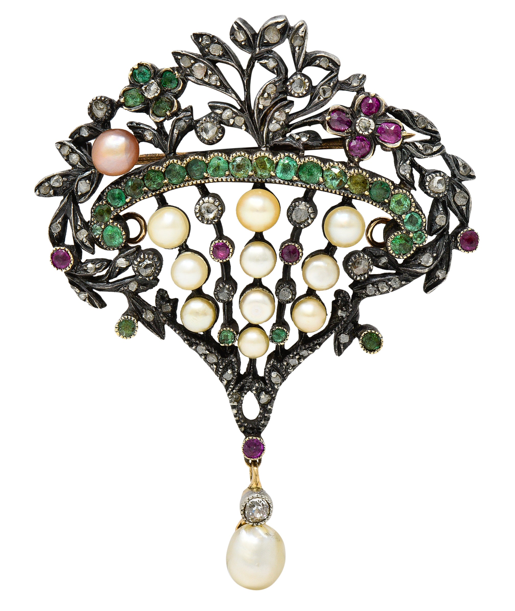 Victorian French Diamond Ruby Emerald Pearl Silver-Topped 18 Karat Yellow Gold Giardinetti Floral Antique Drop Pendant Brooch Wilson's Estate Jewelry