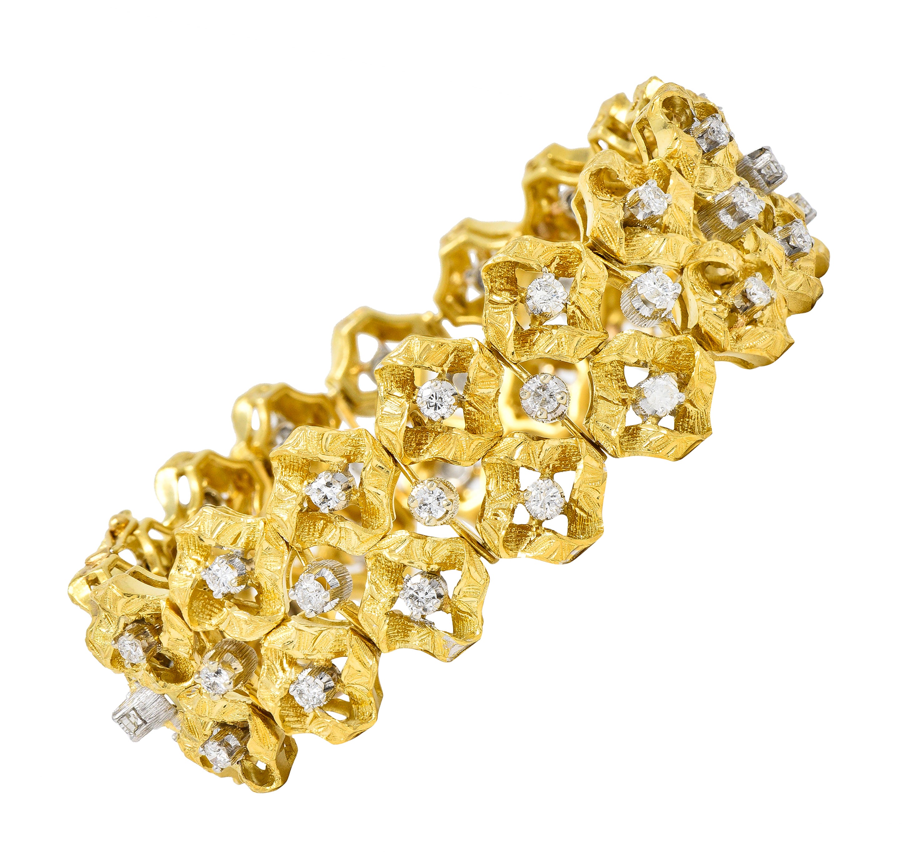 Buccellati 2.88 CTW Diamond 18 Karat Two-Tone Gold Vintage Wide Ribbon Bracelet Wilson's Estate Jewelry