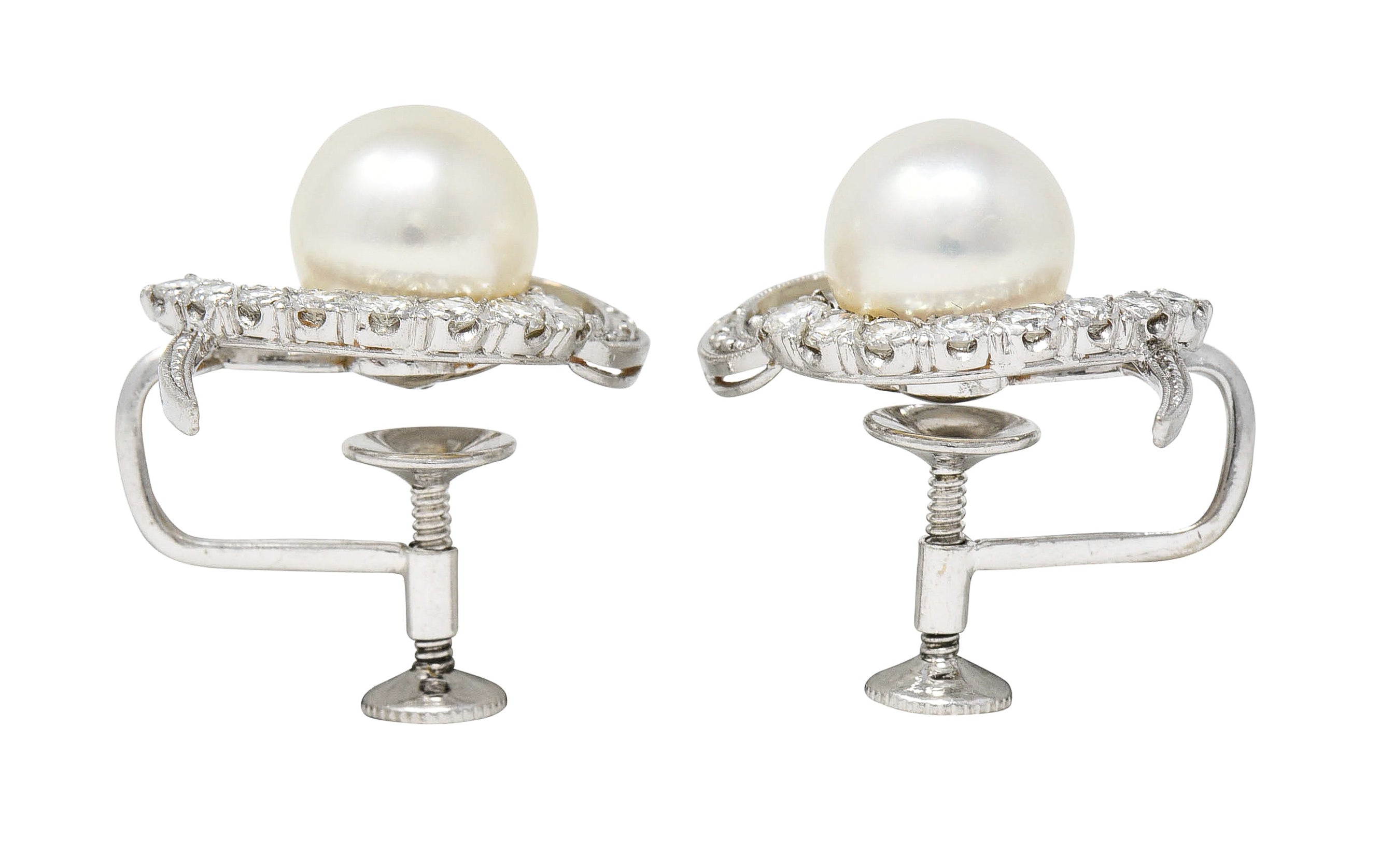 Mikimoto Mid-Century 0.80 CTW Cultured Akoya Pearl 14 Karat White Gold Ribbon Vintage Screw-Back Earrings Wilson's Estate Jewelry