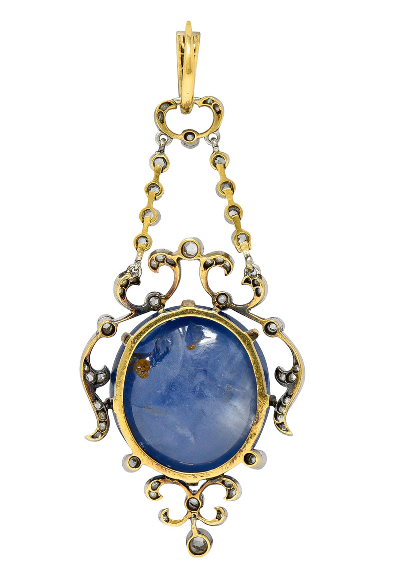 French Edwardian 61.83 CTW Star Sapphire Cabochon Diamond Silver-Topped Whiplash Antique Enhancer Pendant Wilson's Estate Jewelry